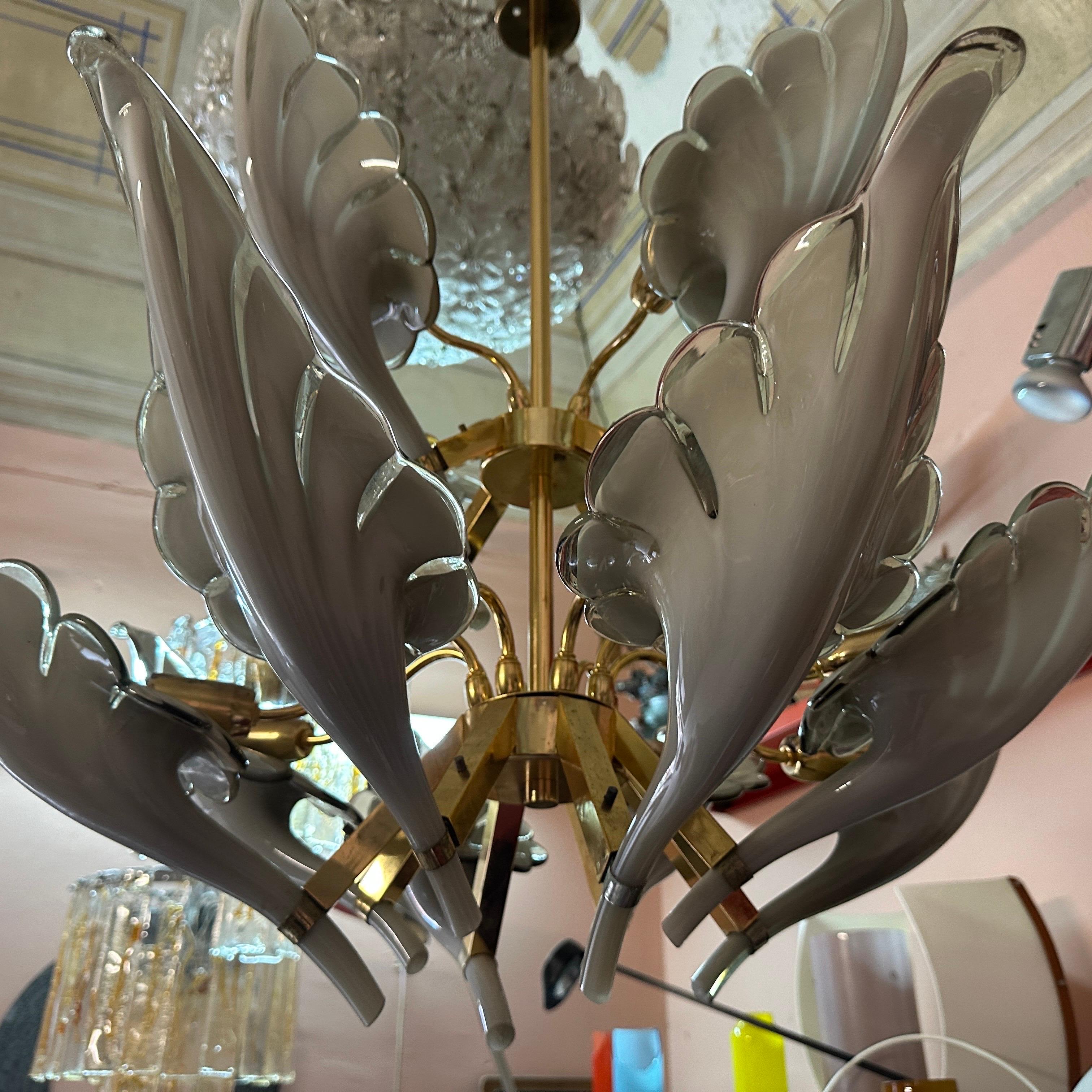 1970s Mid-Century Modern Brass and Gray Murano Glass Chandelier by Franco Luce For Sale 3