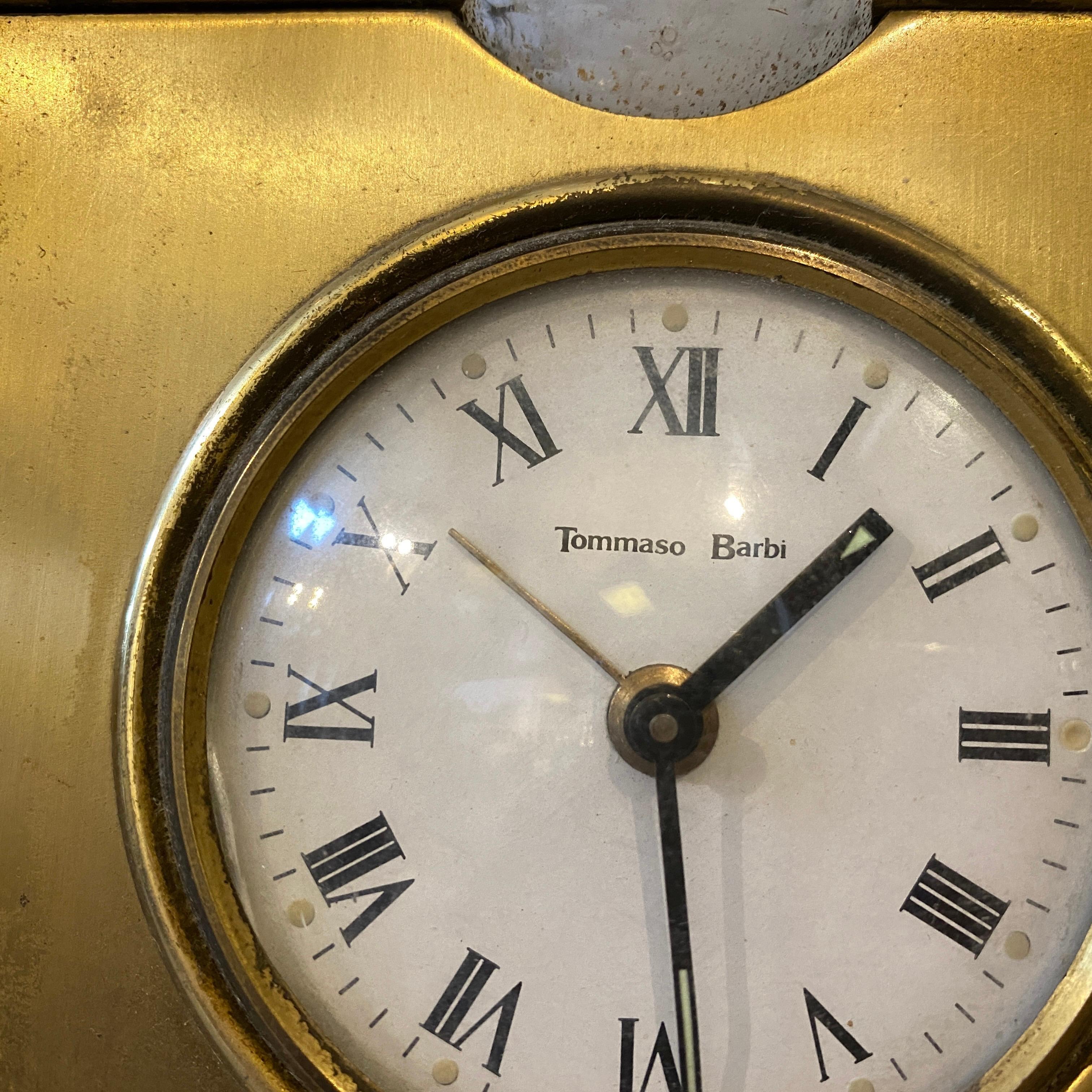 An amazing brass and gray Murano glass square table clock made in Italy in the 1970s, it's in working order and signed on the back by Tommaso Barbi.