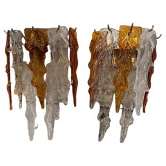 1970s Mid-Century Modern Brass and Murano Glass Wall Sconces by Mazzega