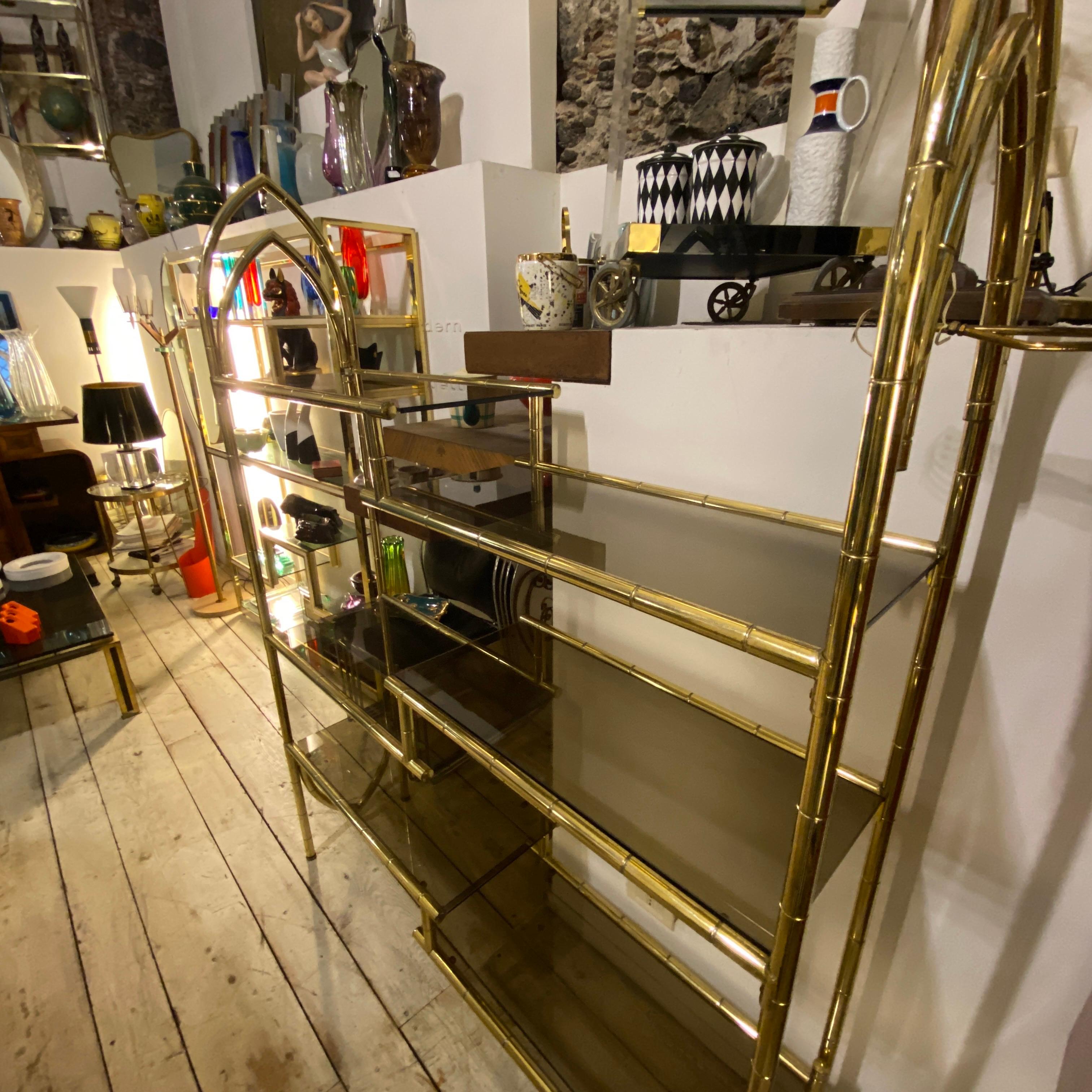 1970s Mid-Century Modern Brass and Smoked Glass Italian Bookcase For Sale 13