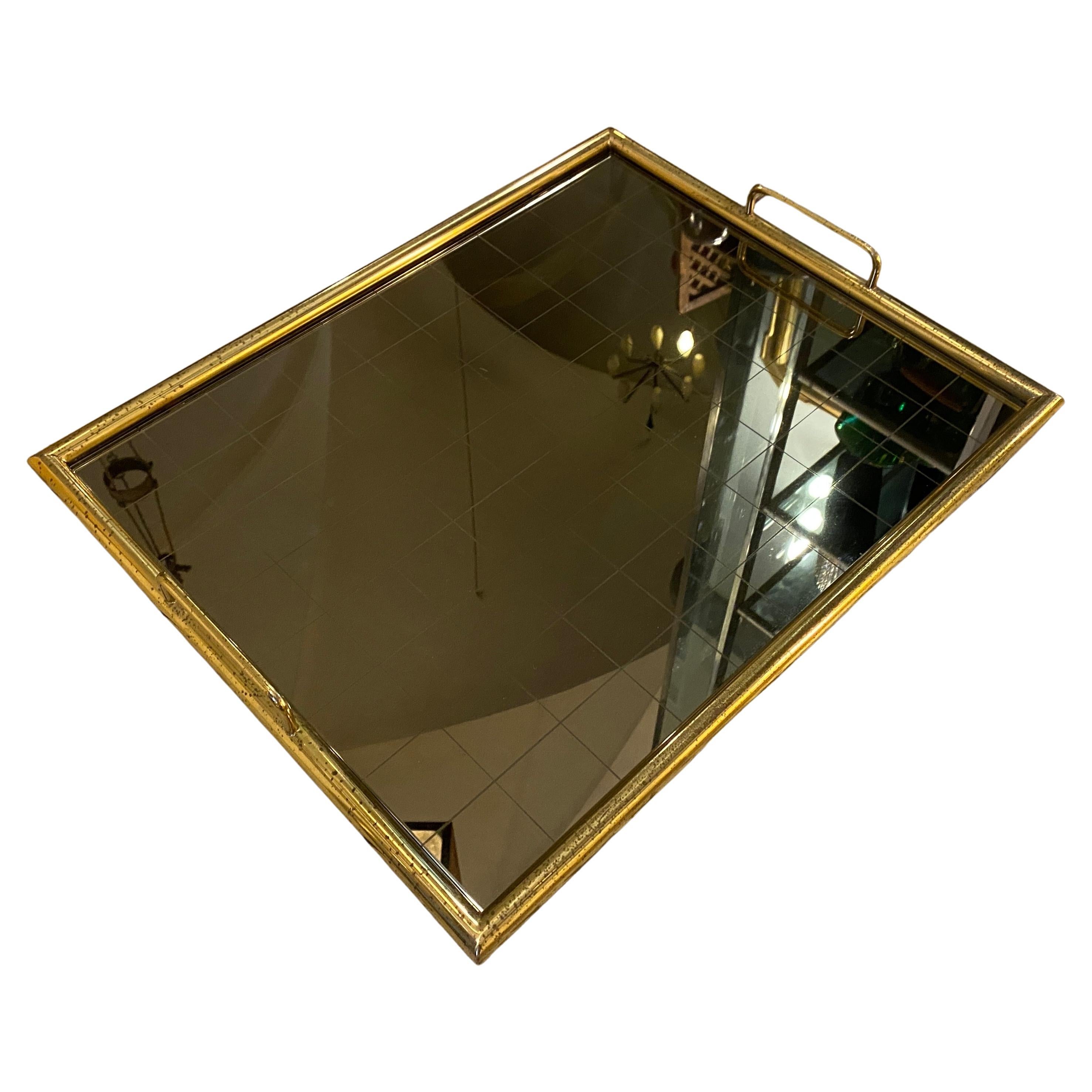 1970s Mid-Century Modern Brass and Smoked Glass Italian Serving Tray For Sale