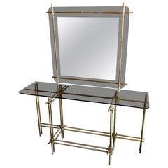 1970s Mid-Century Modern Brass Italian Console and Wall Mirror