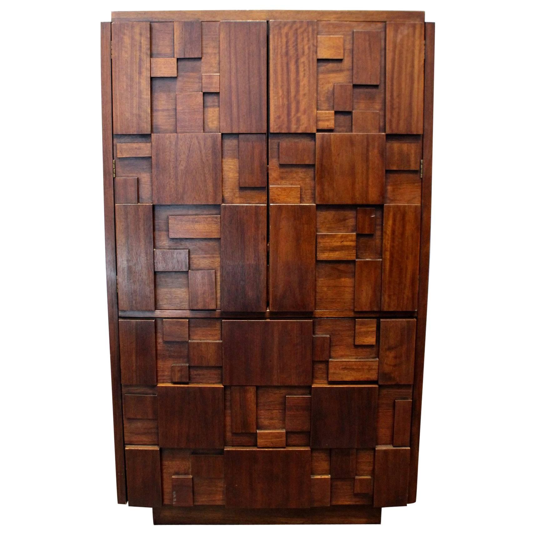 1970s Mid-Century Modern Brutalist Mosaic Patchwork Tall Chest by Lane For Sale