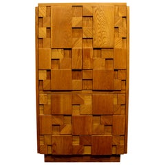 1970s Mid-Century Modern Brutalist Mosaic Patchwork Tall Chest by Lane in Oak