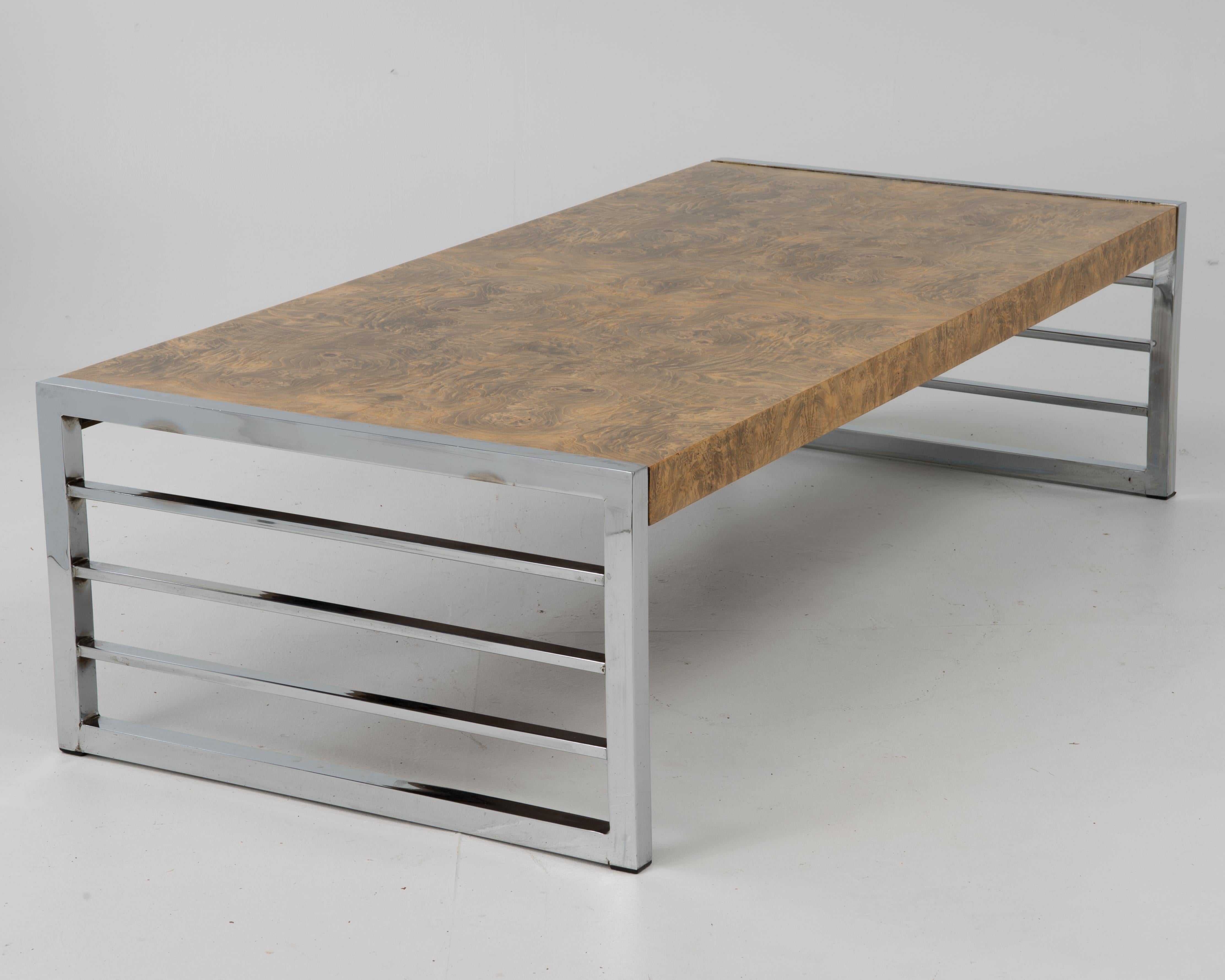 1970s Mid-Century Modern Burl Wood and Chrome Coffee Table Willy Rizzo 7