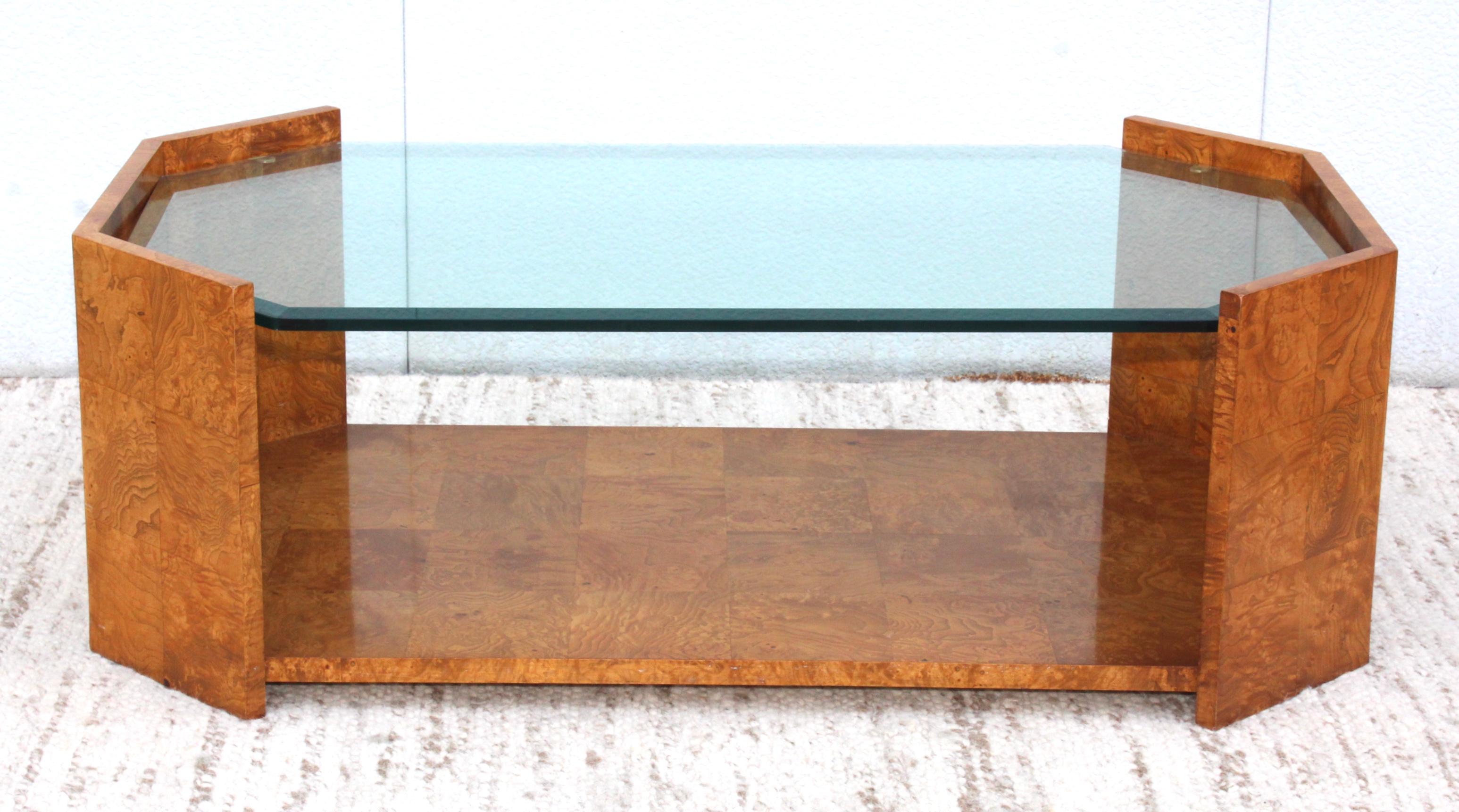 1970s modern octagonal burl wood and glass large coffee table.