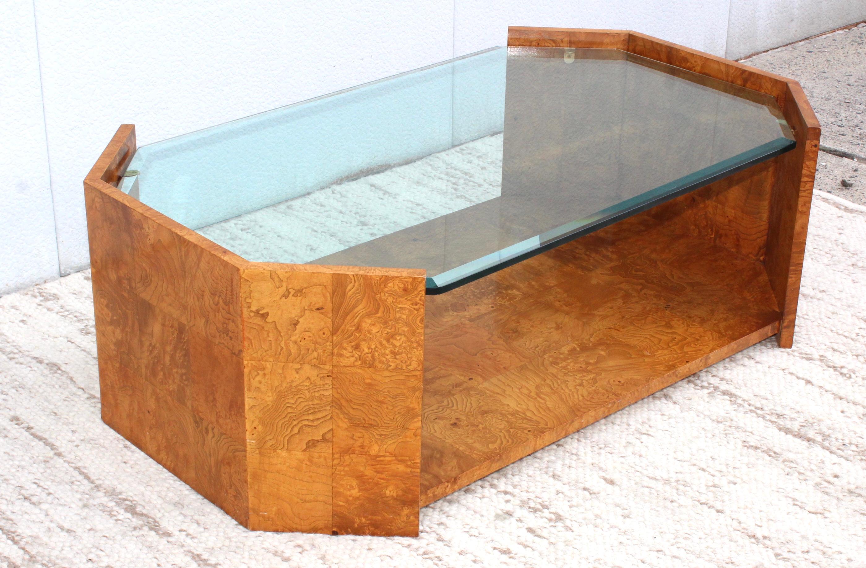 Glass 1970s Mid-Century Modern Burl Wood Coffee Table