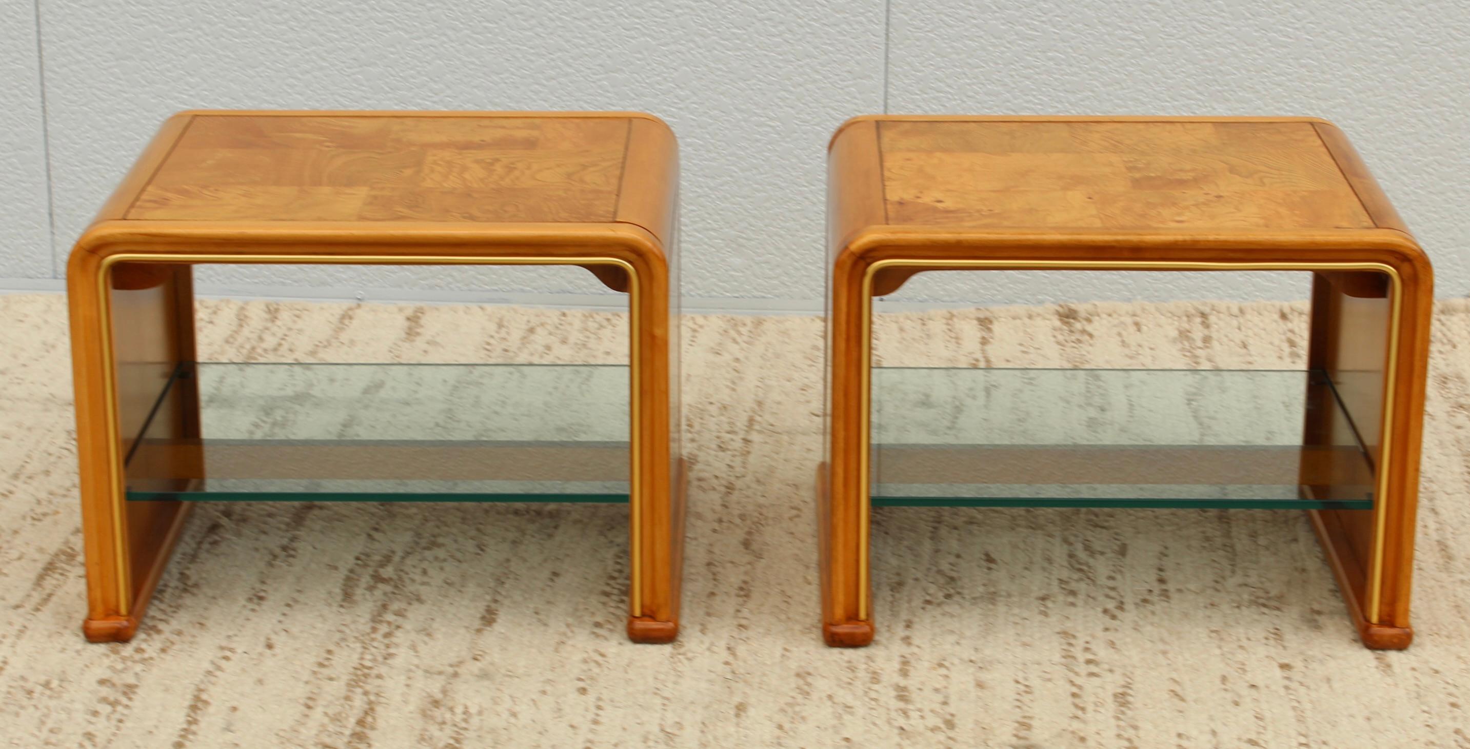 Brass 1970's Mid-Century Modern Burl-Wood Waterfall End Tables For Sale