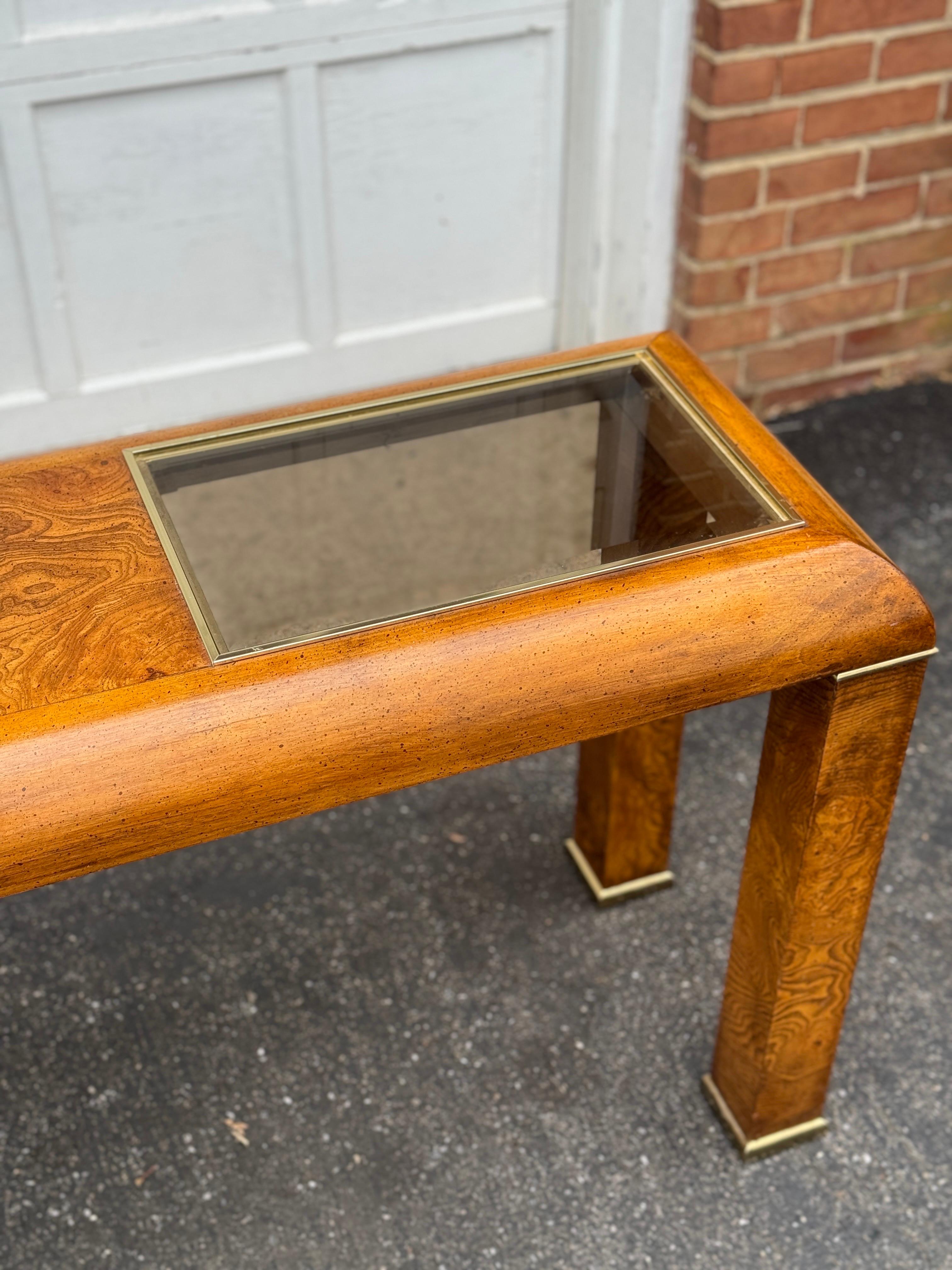 North American 1970s Mid Century Modern Burlwood Parsons Console Table with Smoked Glass Top For Sale