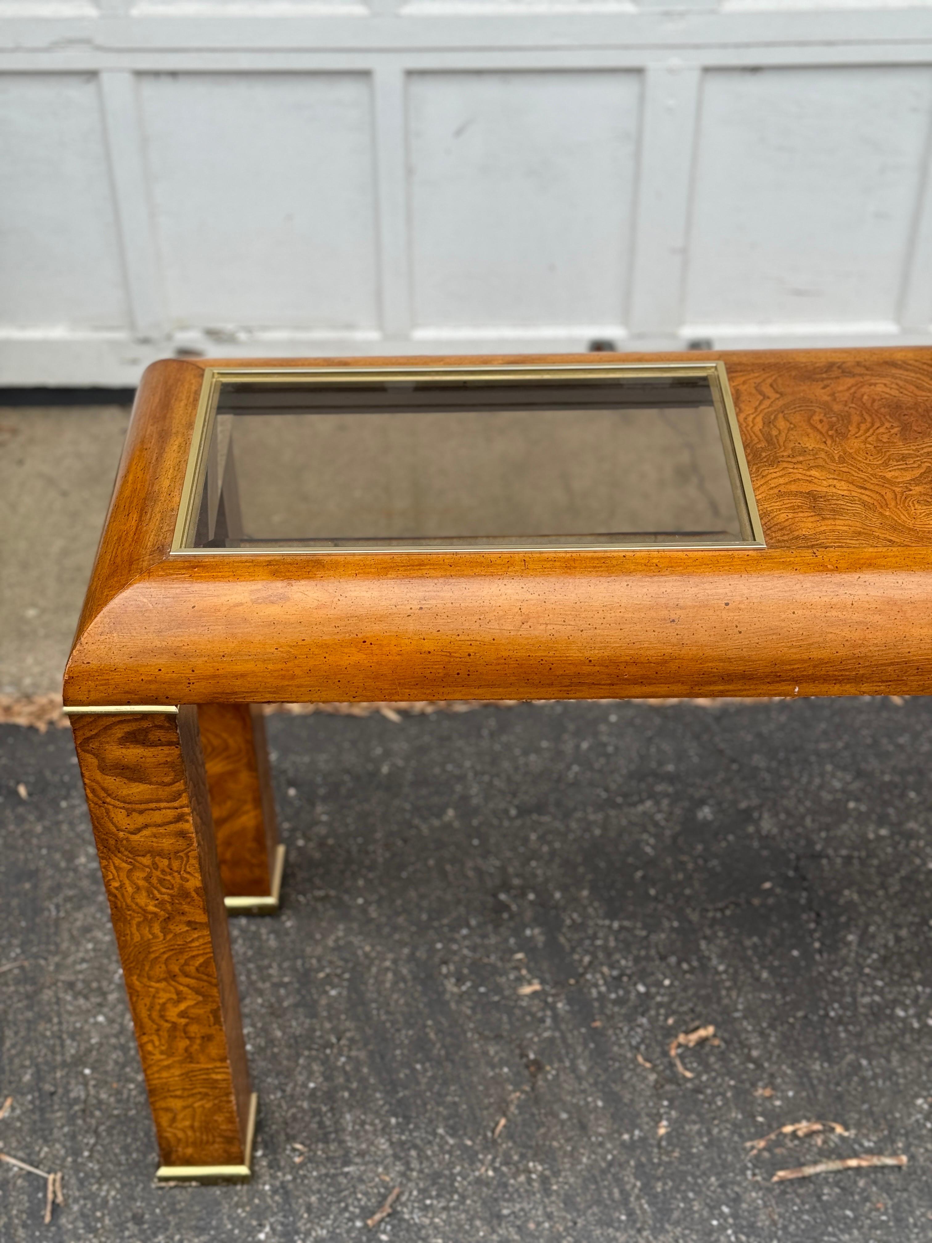 1970s Mid Century Modern Burlwood Parsons Console Table with Smoked Glass Top In Good Condition For Sale In Elkton, MD
