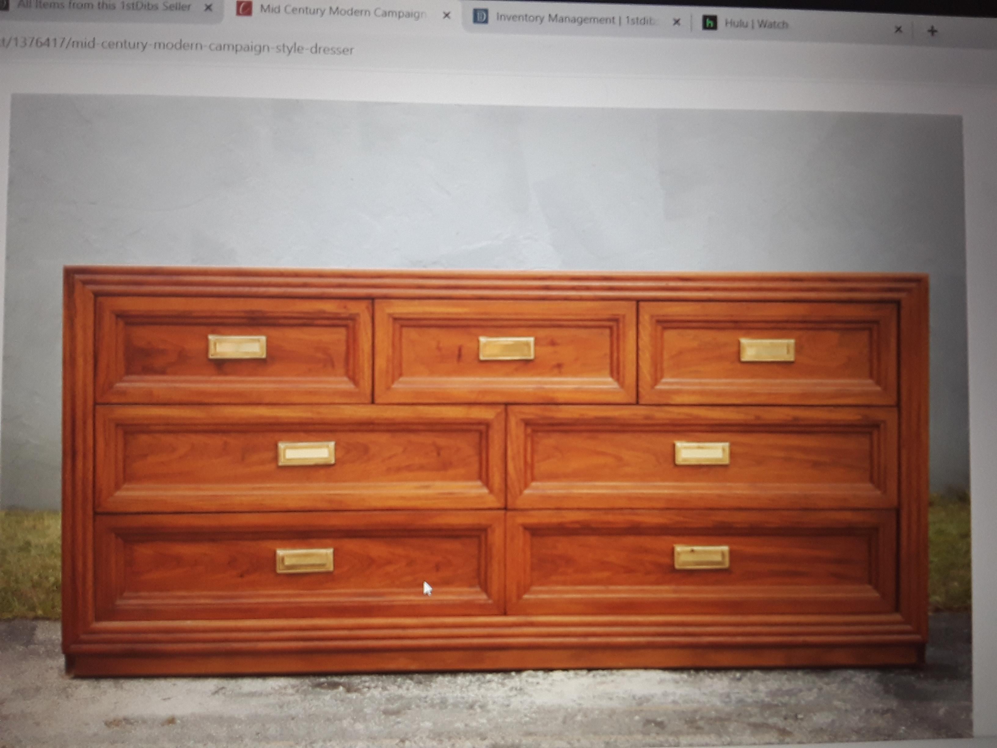 1970's Mid Century Modern Campaign style Dresser by Thomasville For Sale 1
