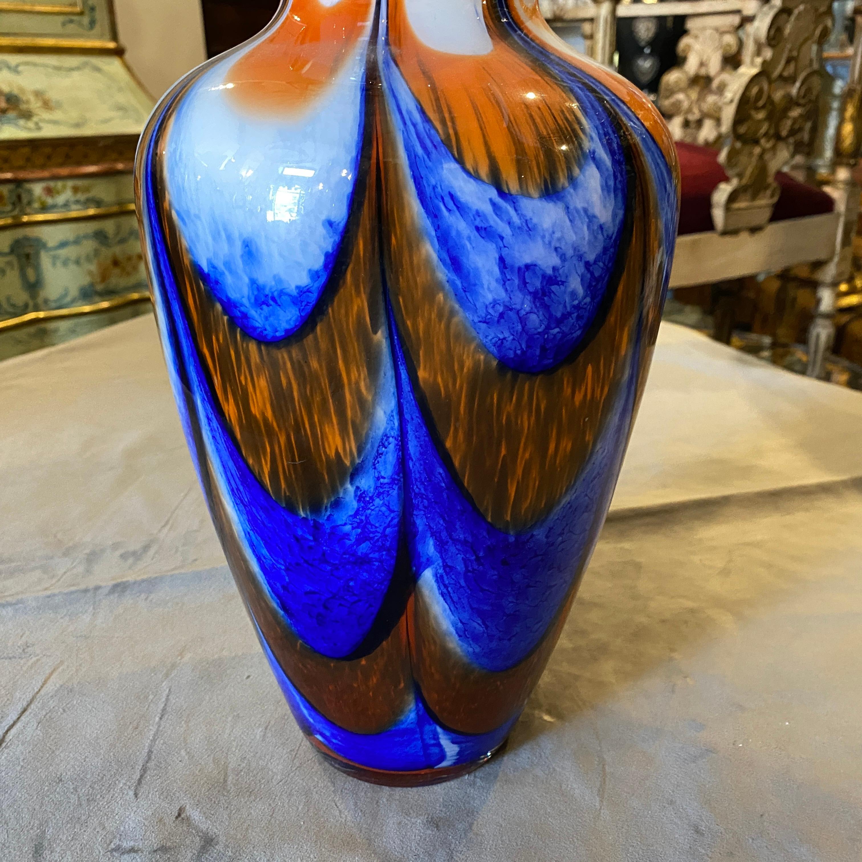 Opaline Glass 1970s Mid-Century Modern Carlo Moretti Orange and Blue Murano Glass Vase For Sale