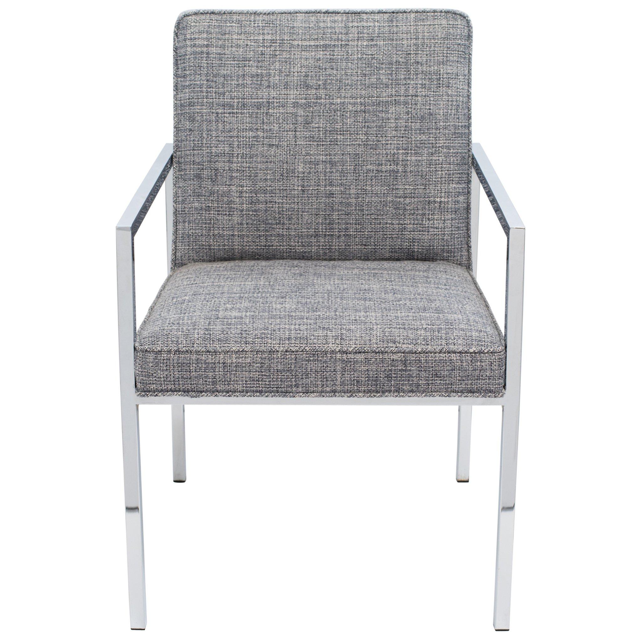 Handsome Mid-Century Modern desk chair or side chair with sleek cantilevered chromed frame. Newly upholstered in woven Rogers & Goffigon fabric in hues of steel blue and grey heather (cotton/linen).