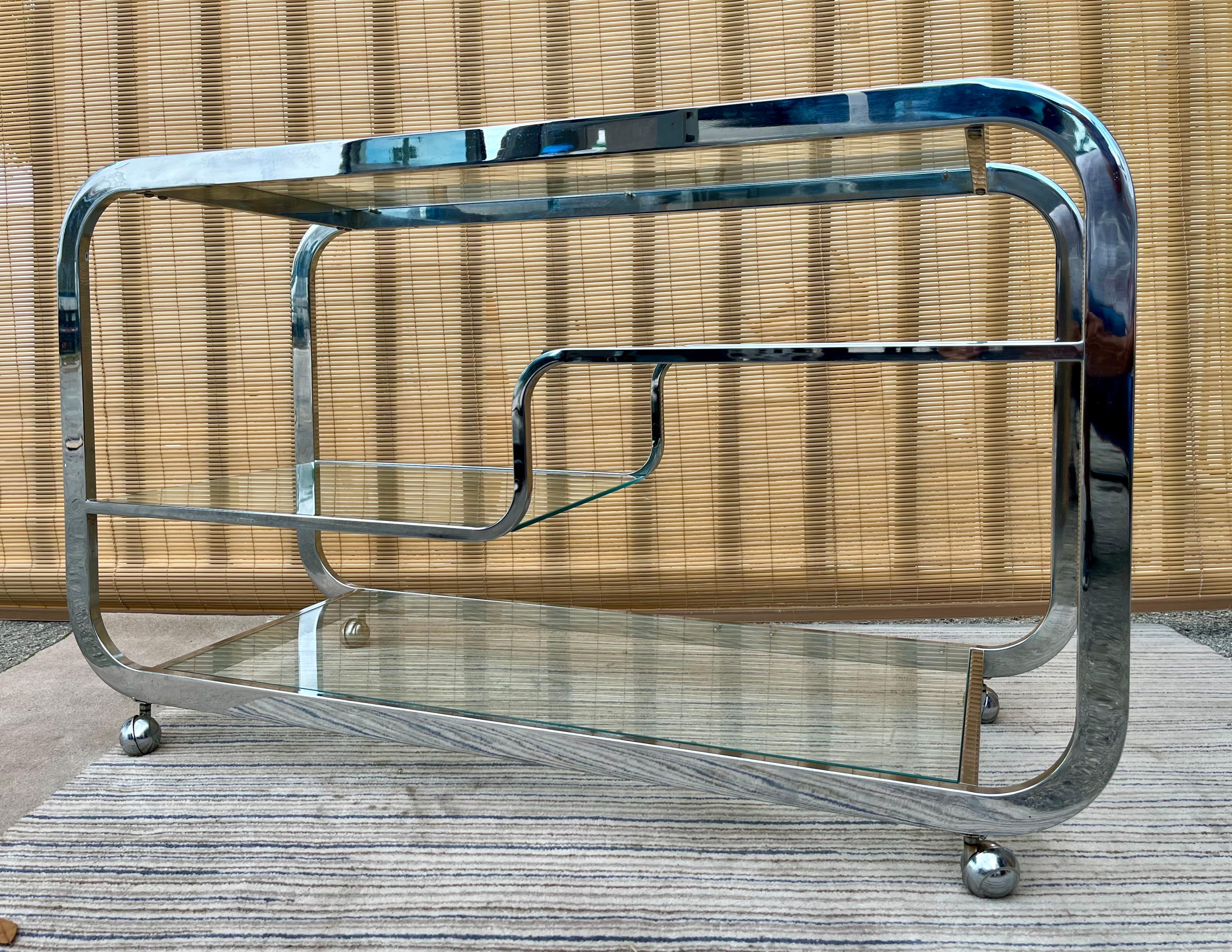 1970s Mid-Century Modern Chromed Dry Bar Cart in the Milo Baughman Style 1