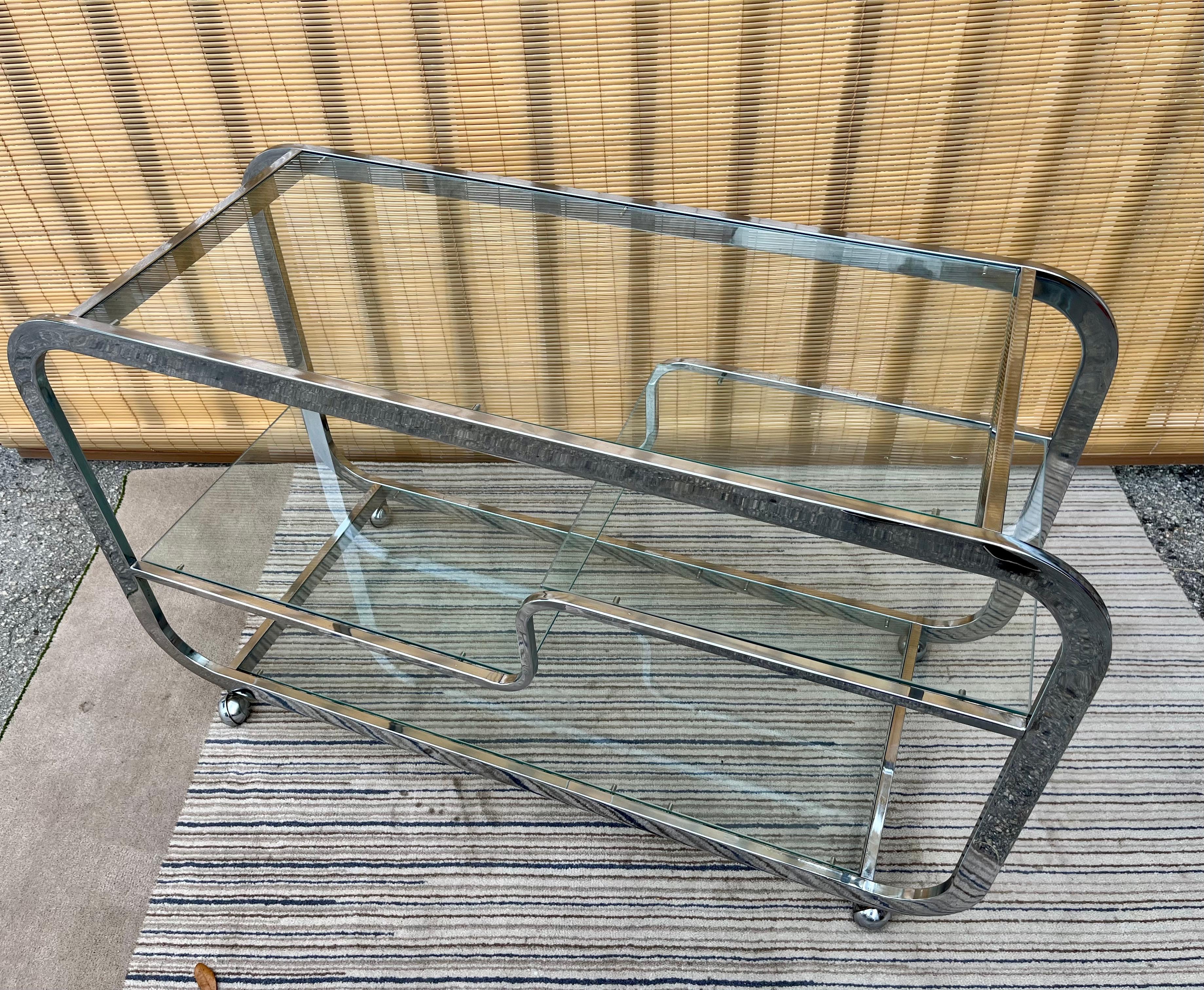 1970s Mid-Century Modern Chromed Dry Bar Cart in the Milo Baughman Style 2