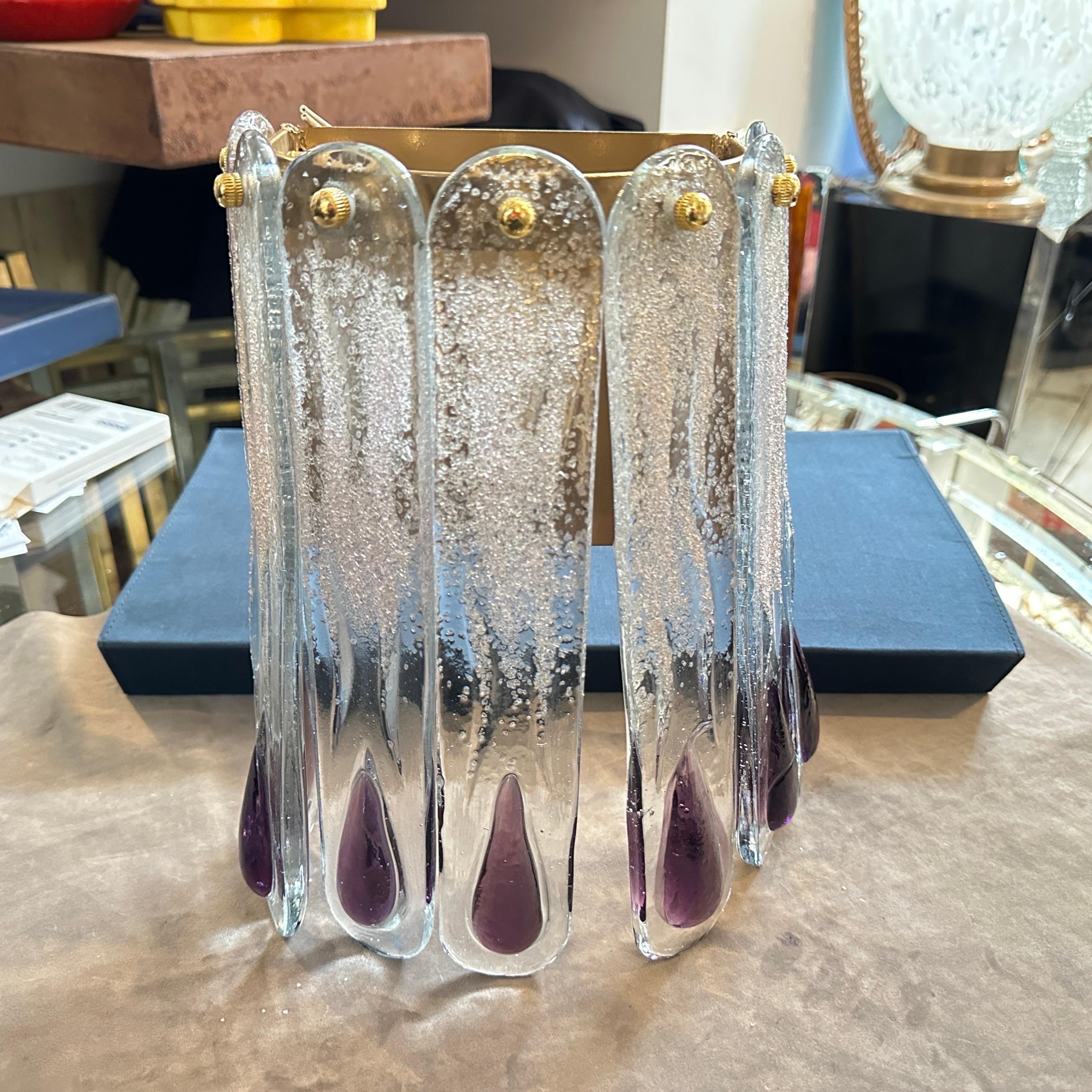 Lampada da parete in vetro di Murano trasparente e viola della metà del secolo scorso in vendita 1