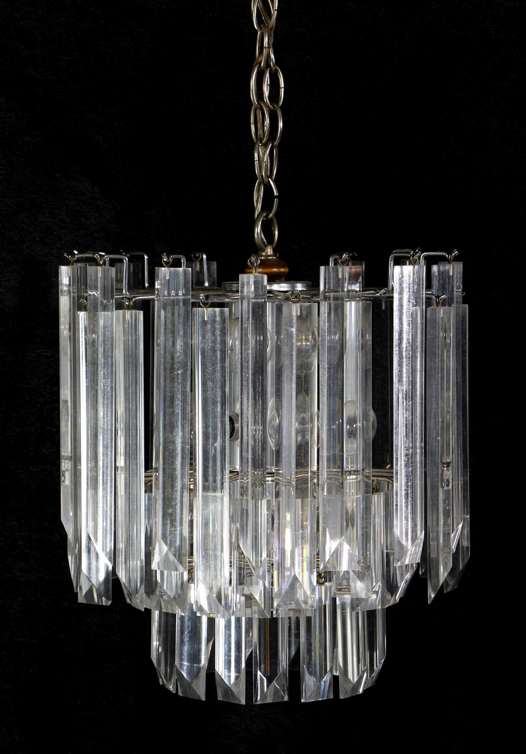 American 1970s Mid-Century Modern Clear Lucite 3-Tier Prism Chandelier with Chrome Frame