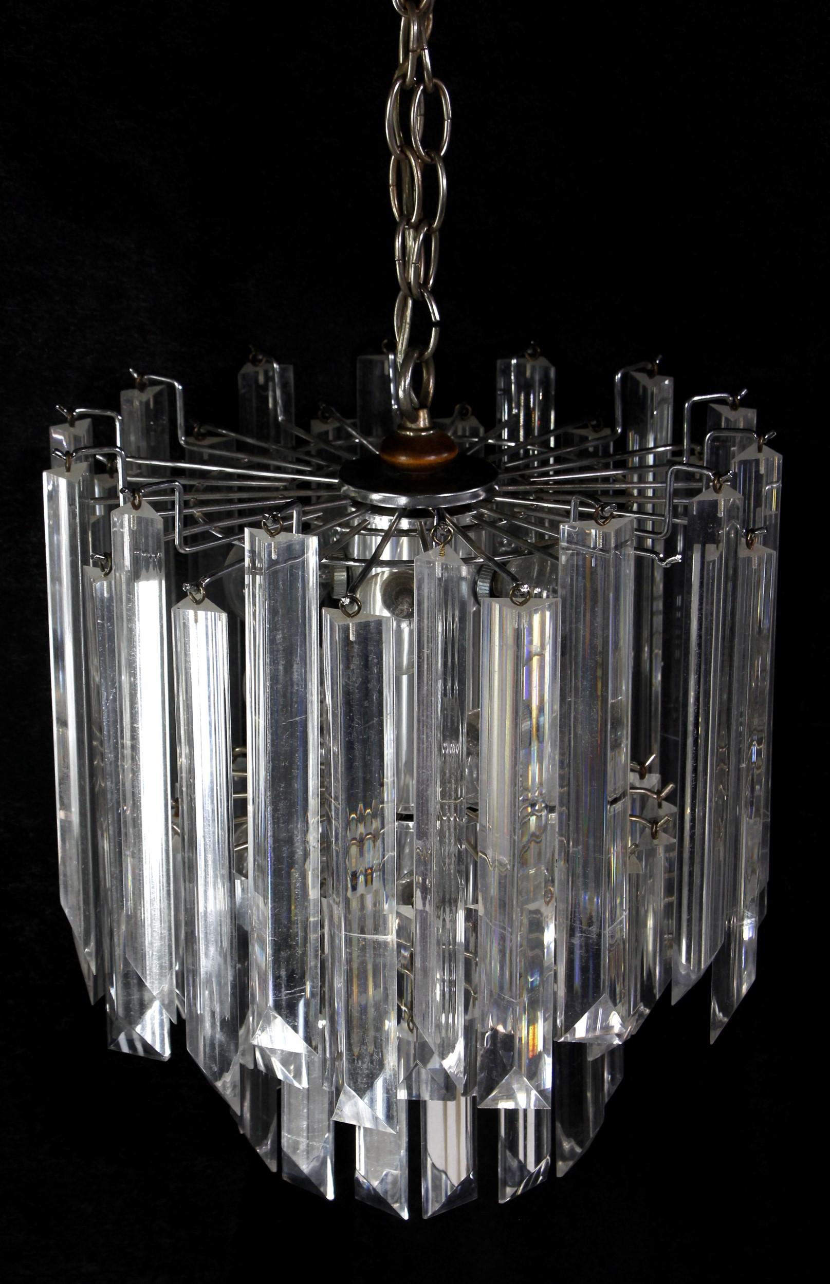 Late 20th Century 1970s Mid-Century Modern Clear Lucite 3-Tier Prism Chandelier with Chrome Frame