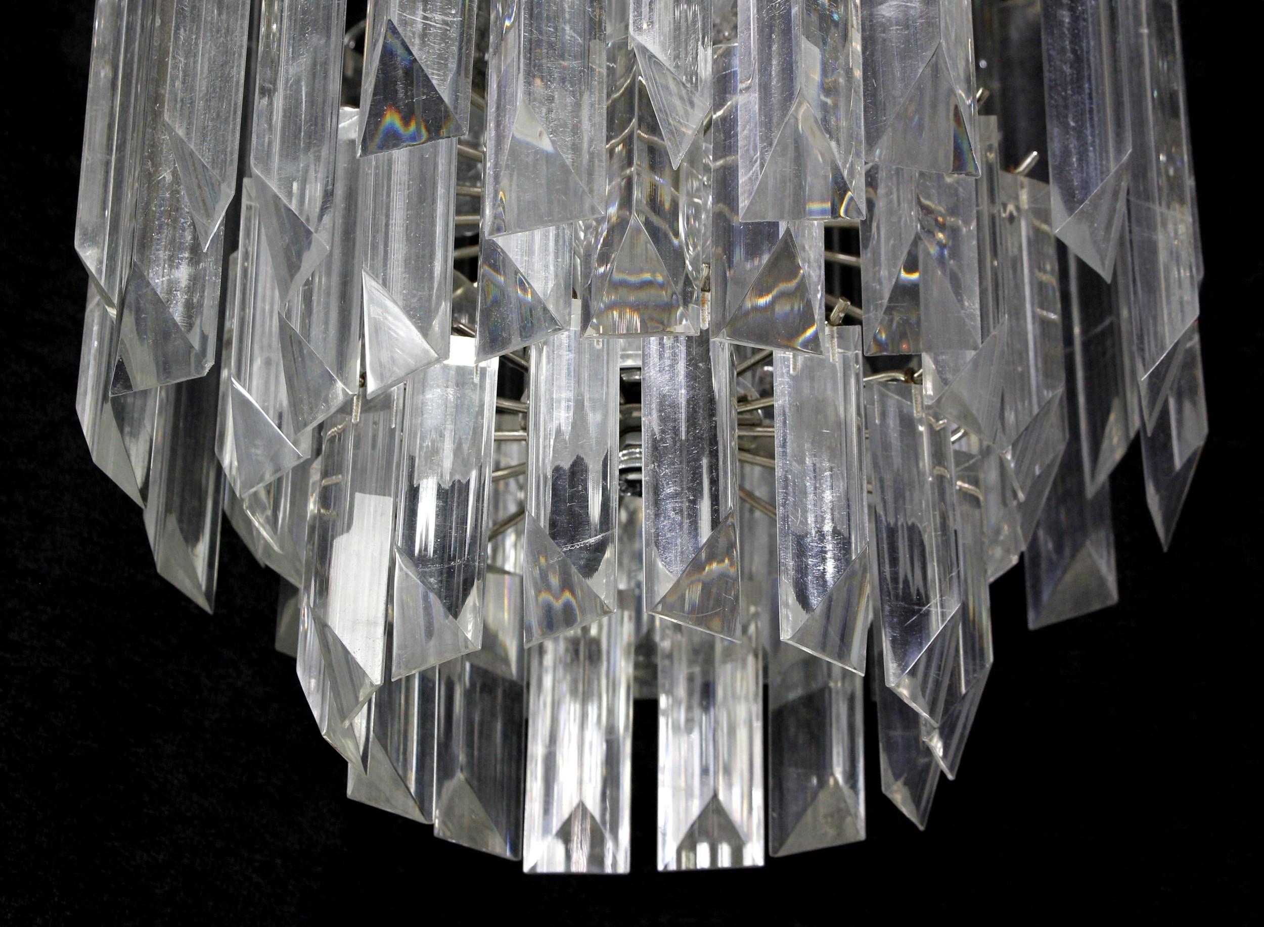 1970s Mid-Century Modern Clear Lucite 3-Tier Prism Chandelier with Chrome Frame 1