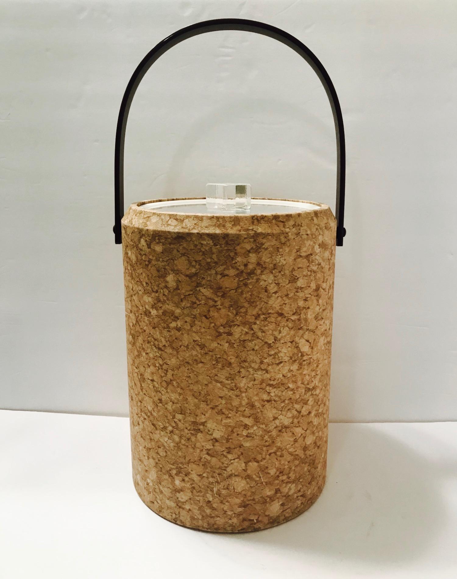 American 1970s Mid-Century Modern Cork and Lucite Tall Ice Bucket