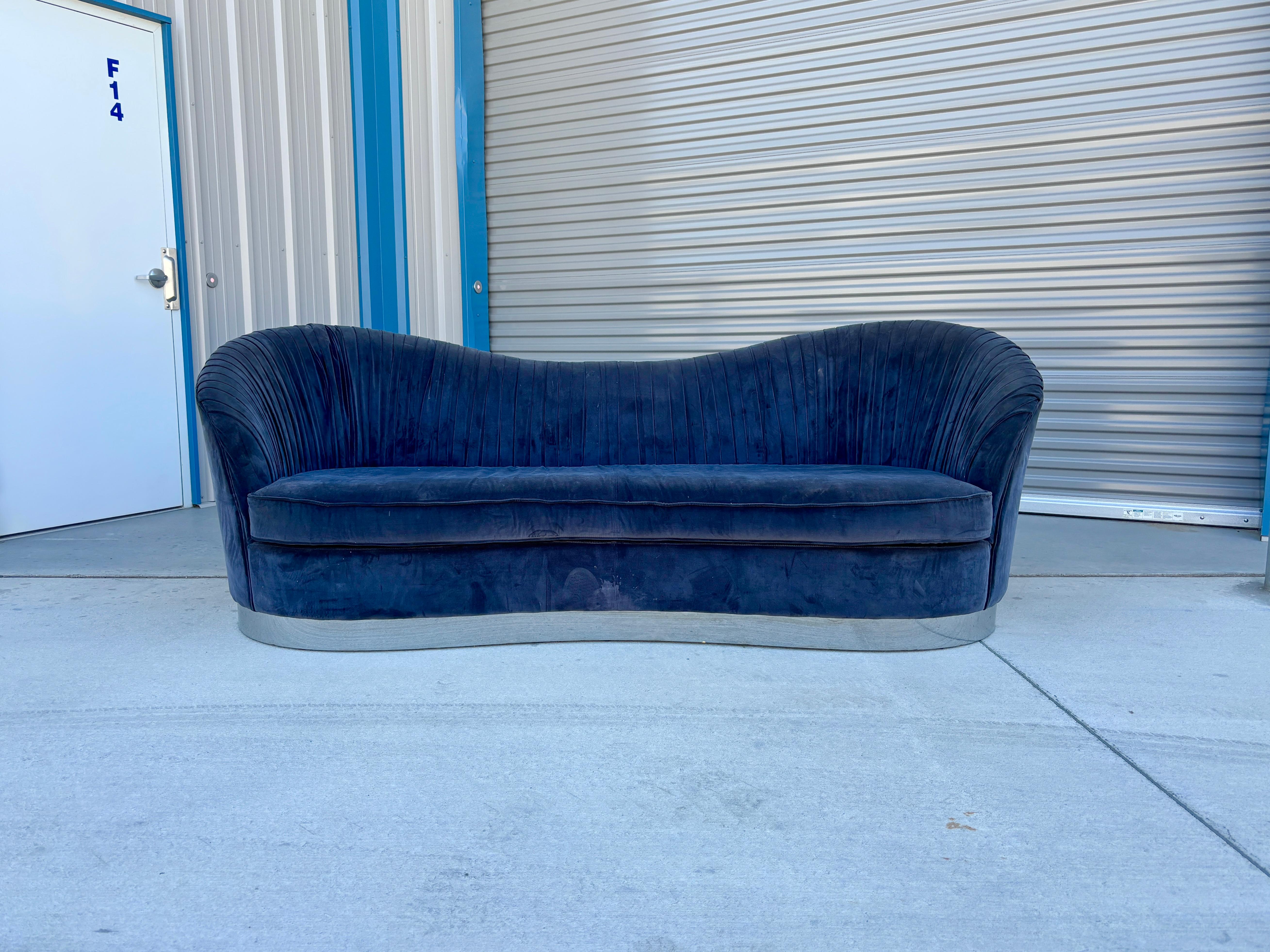 Mid-Century Modern 1970s Mid Century Modern Curved Velvet and Chrome Sofa For Sale
