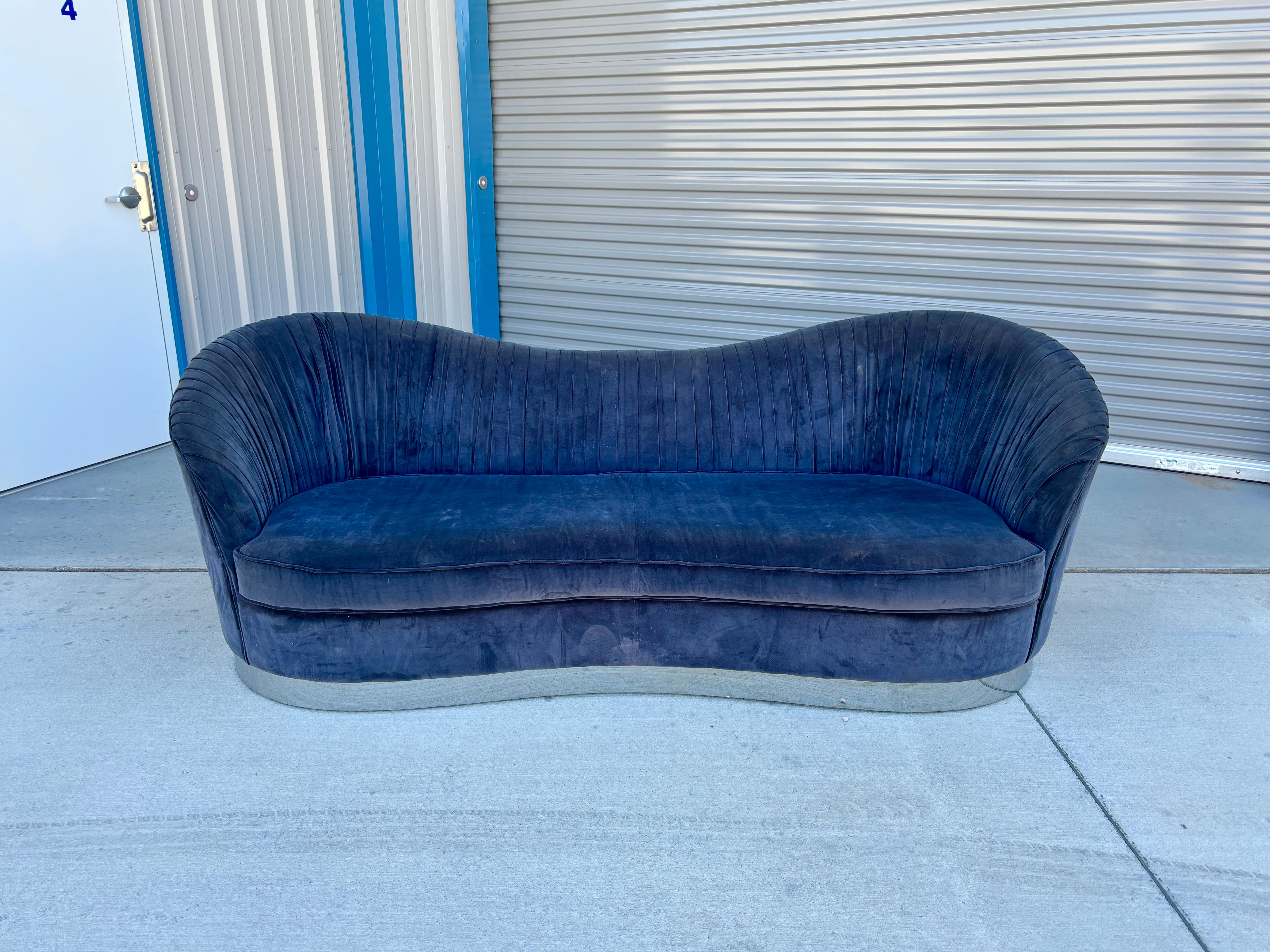 Late 20th Century 1970s Mid Century Modern Curved Velvet and Chrome Sofa For Sale