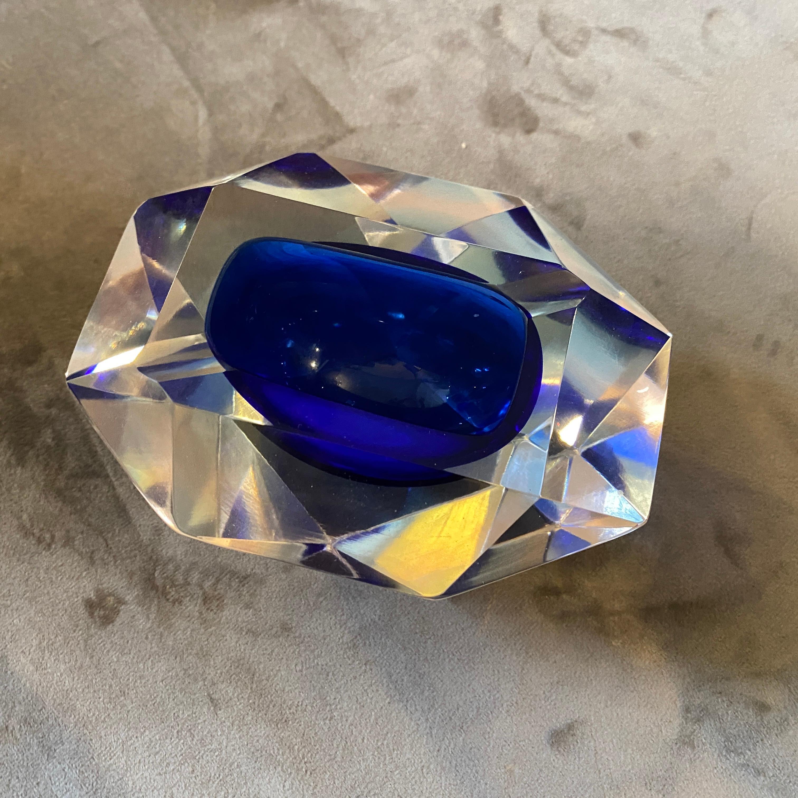Space Age 1970s Mid-Century Modern Faceted Sommerso Blue Murano Glass Ashtray by Seguso