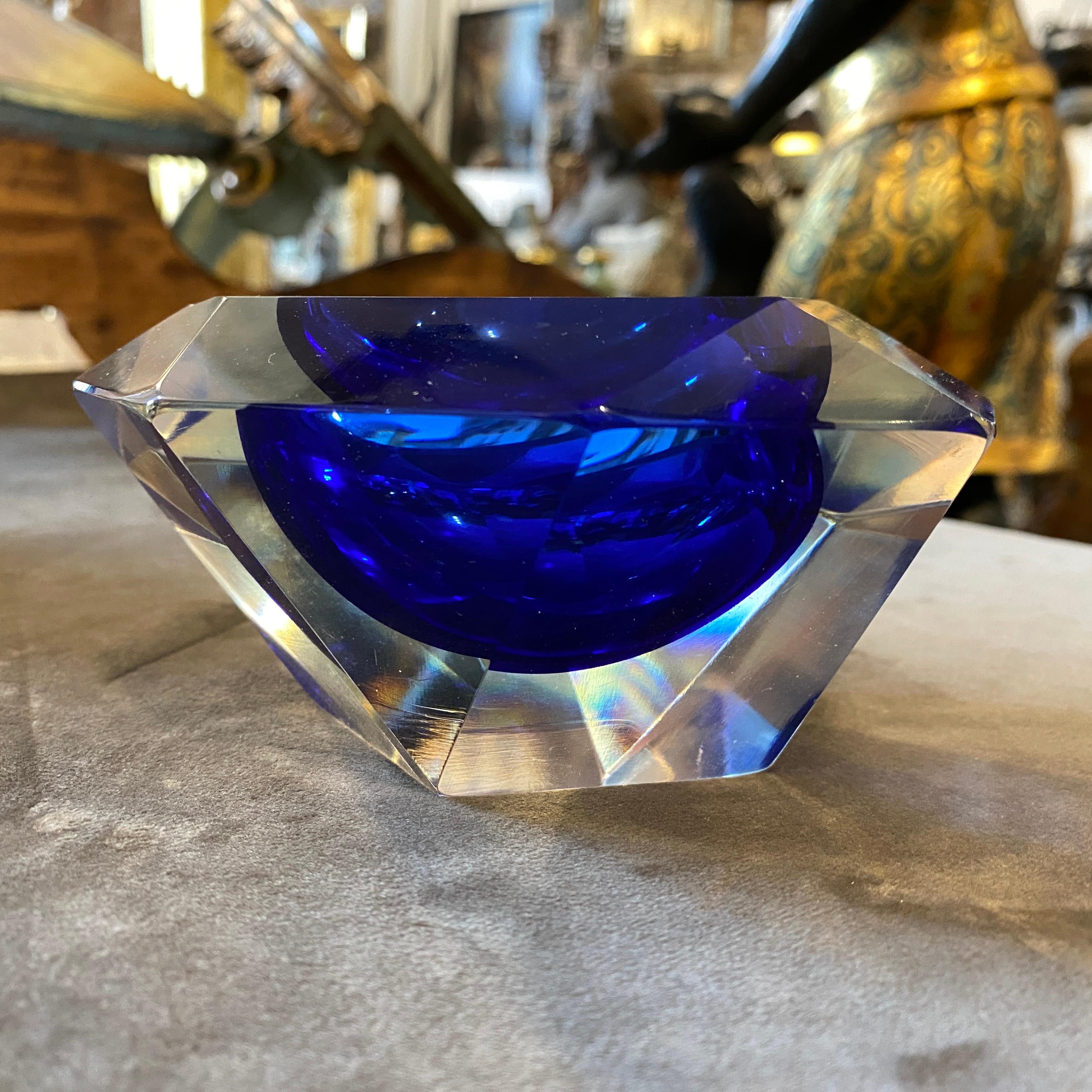 Italian 1970s Mid-Century Modern Faceted Sommerso Blue Murano Glass Ashtray by Seguso