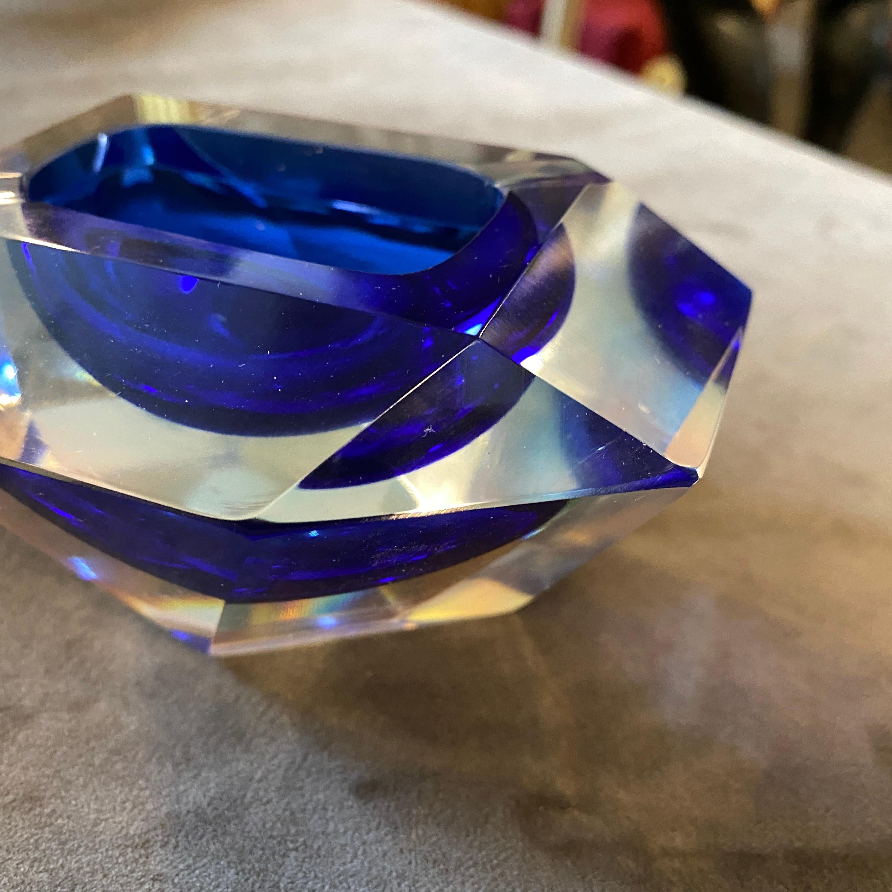 Hand-Crafted 1970s Mid-Century Modern Faceted Sommerso Blue Murano Glass Ashtray by Seguso