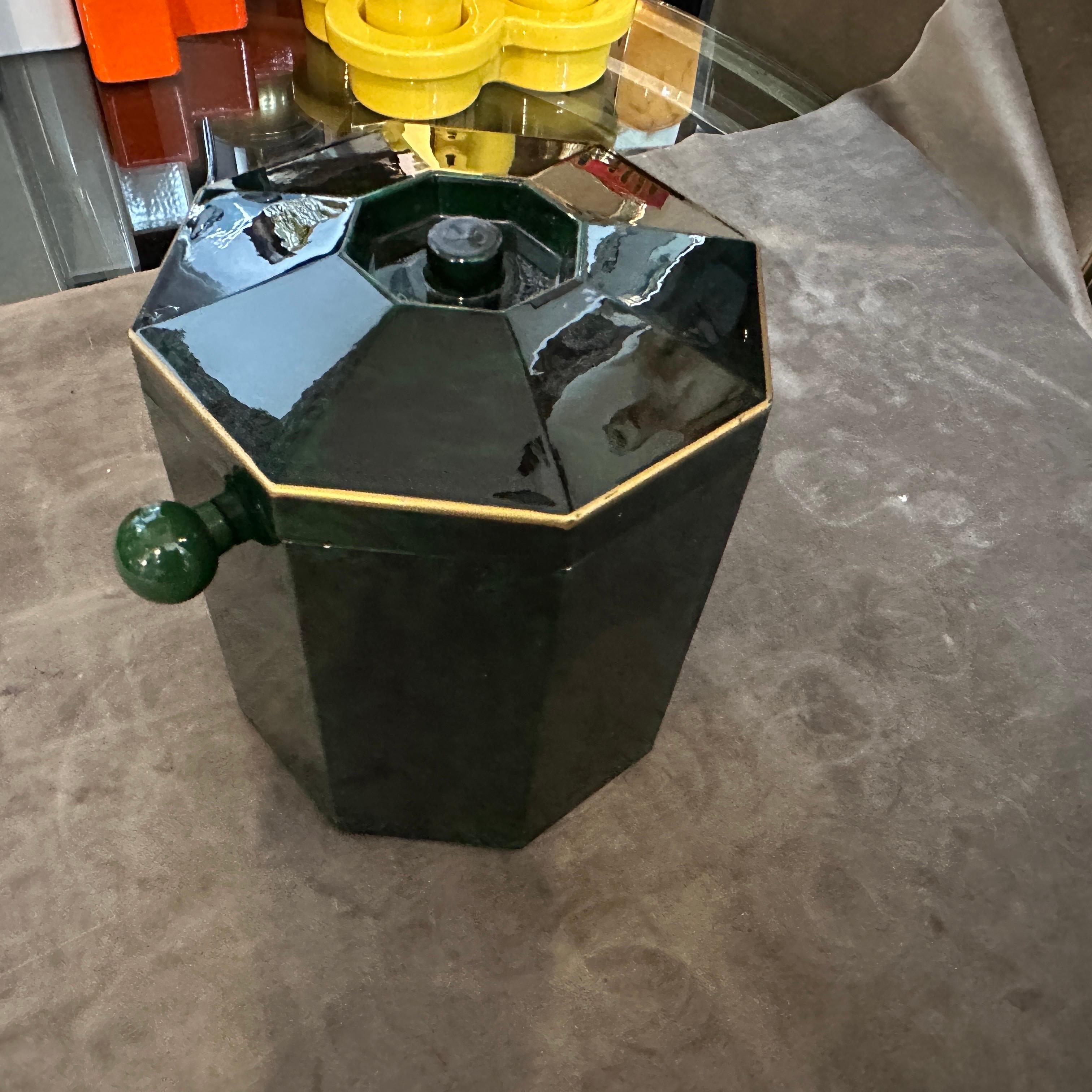 20th Century 1970s Mid-Century Modern Fake Malachite Lucite and Brass Italian Ice Bucket For Sale