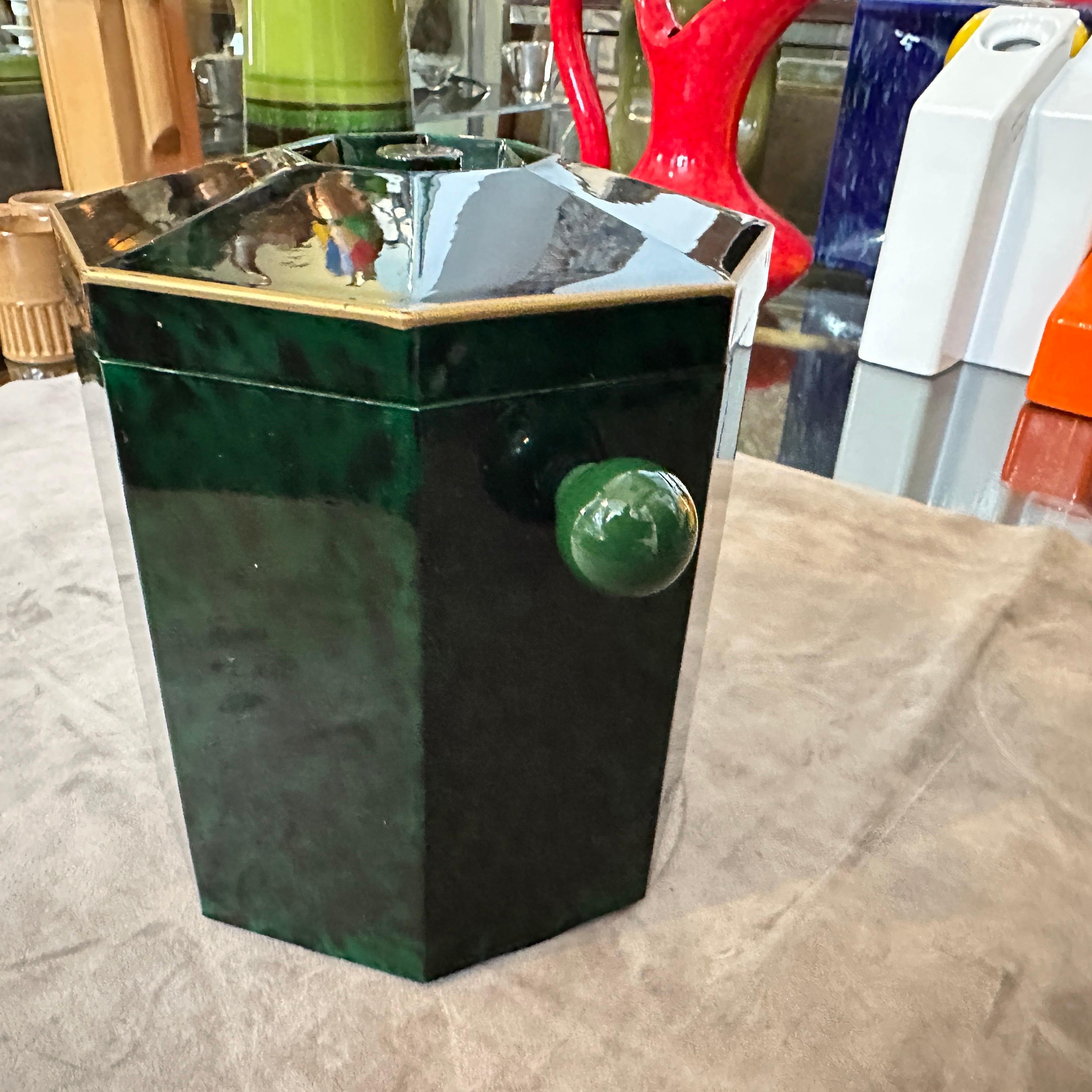 1970s Mid-Century Modern Fake Malachite Lucite and Brass Italian Ice Bucket For Sale 2