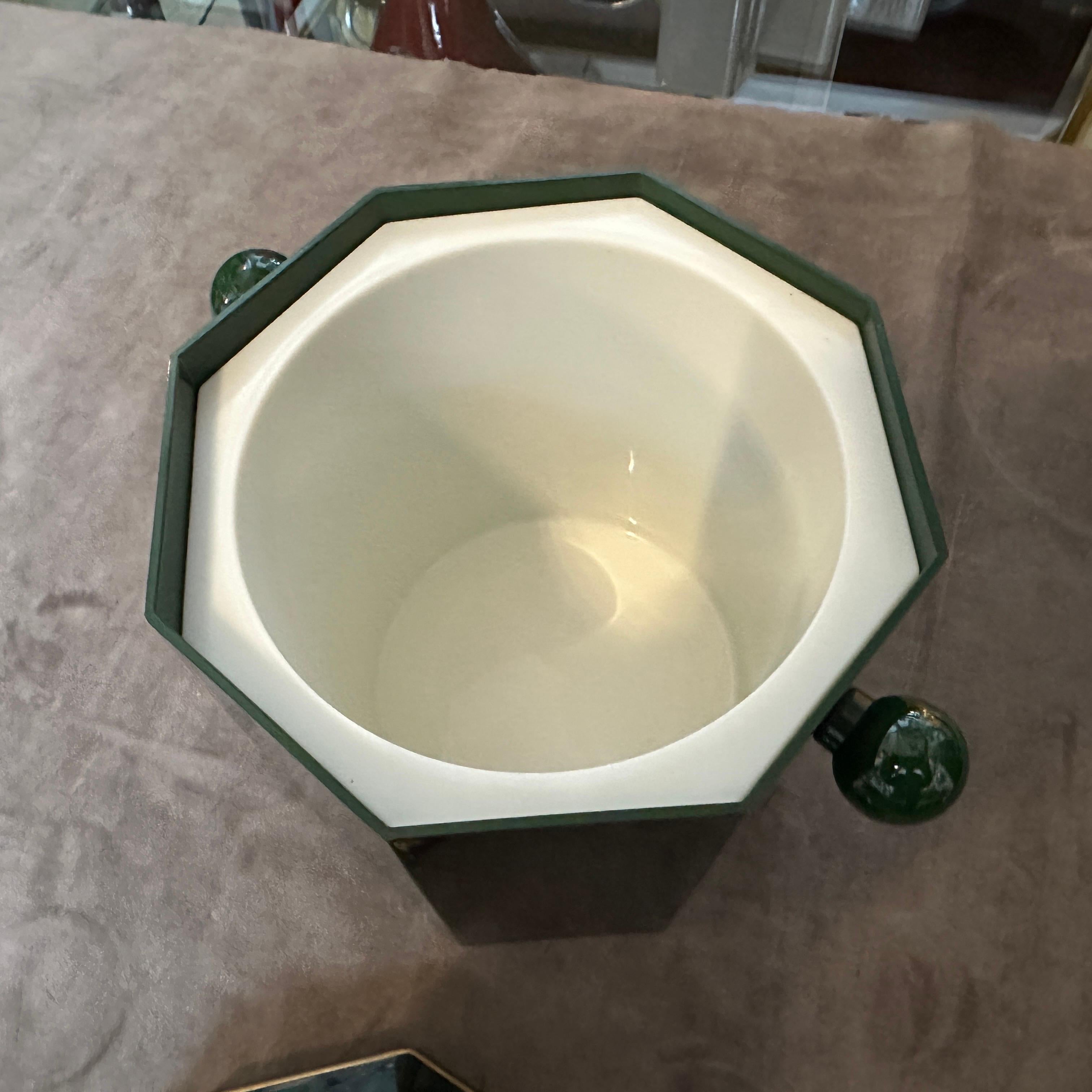 1970s Mid-Century Modern Fake Malachite Lucite and Brass Italian Ice Bucket For Sale 3