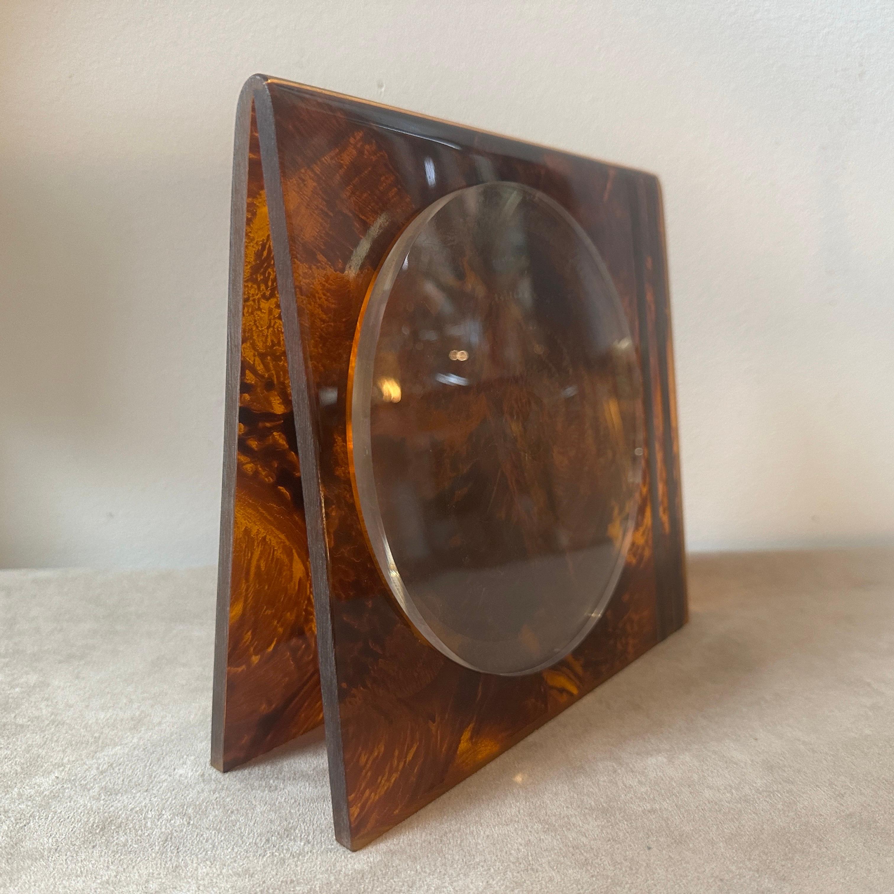 Italian 1970s Mid-Century Modern Fake Tortoise Shell Lucite and Brass Picture Frame For Sale