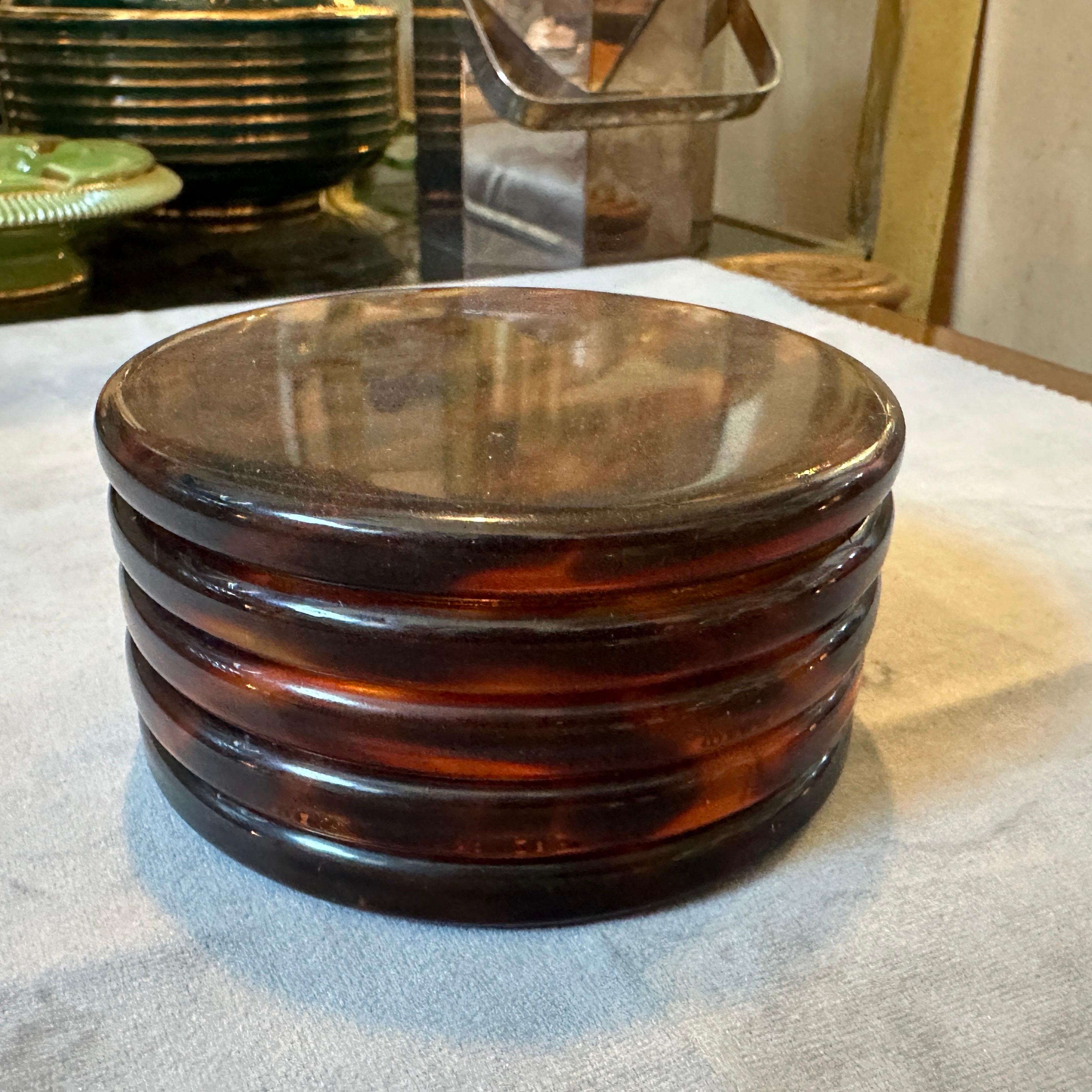 1970s Mid-Century Modern Fake Tortoise Shell Lucite Round Jewelry Box For Sale 5