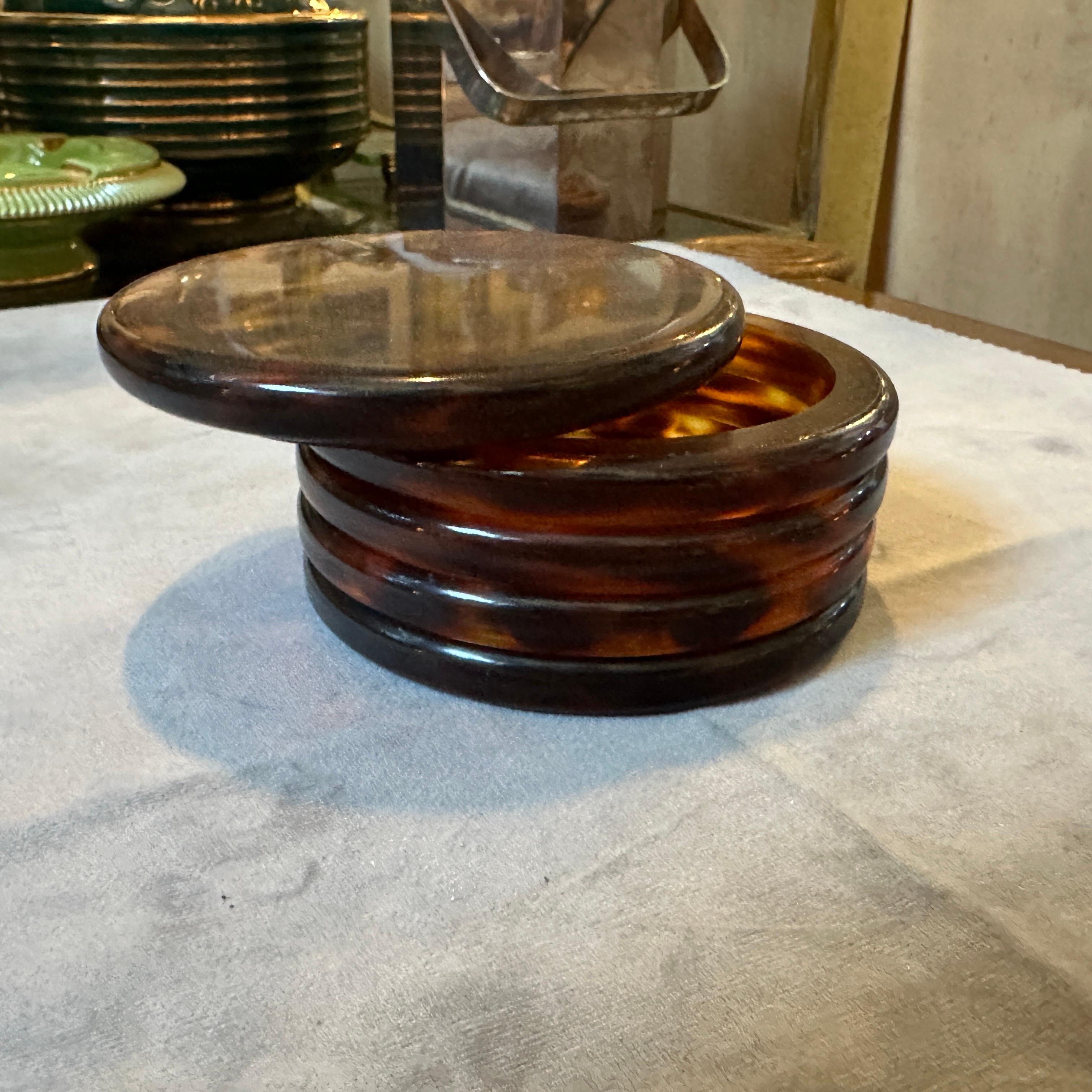 Italian 1970s Mid-Century Modern Fake Tortoise Shell Lucite Round Jewelry Box For Sale