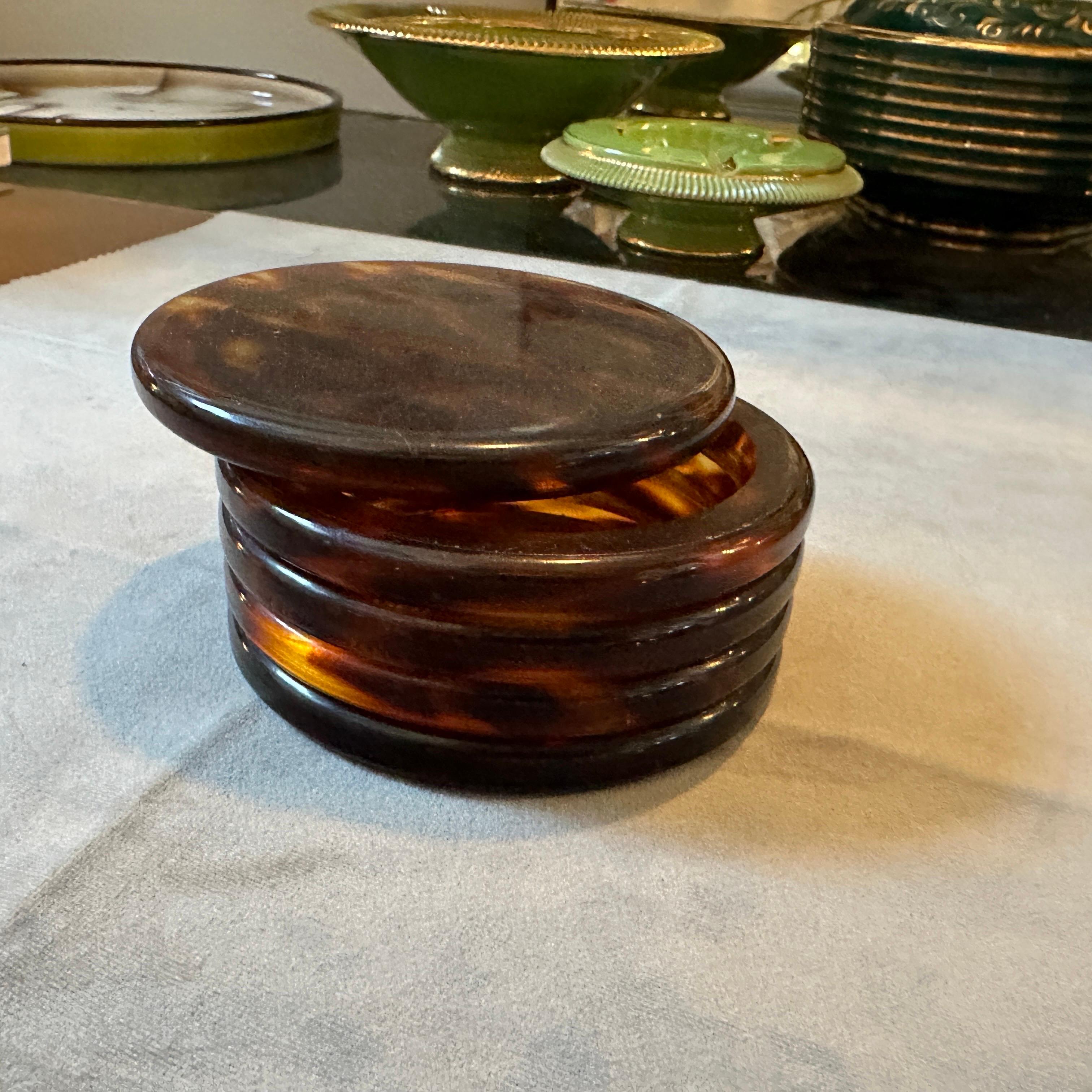 20th Century 1970s Mid-Century Modern Fake Tortoise Shell Lucite Round Jewelry Box For Sale