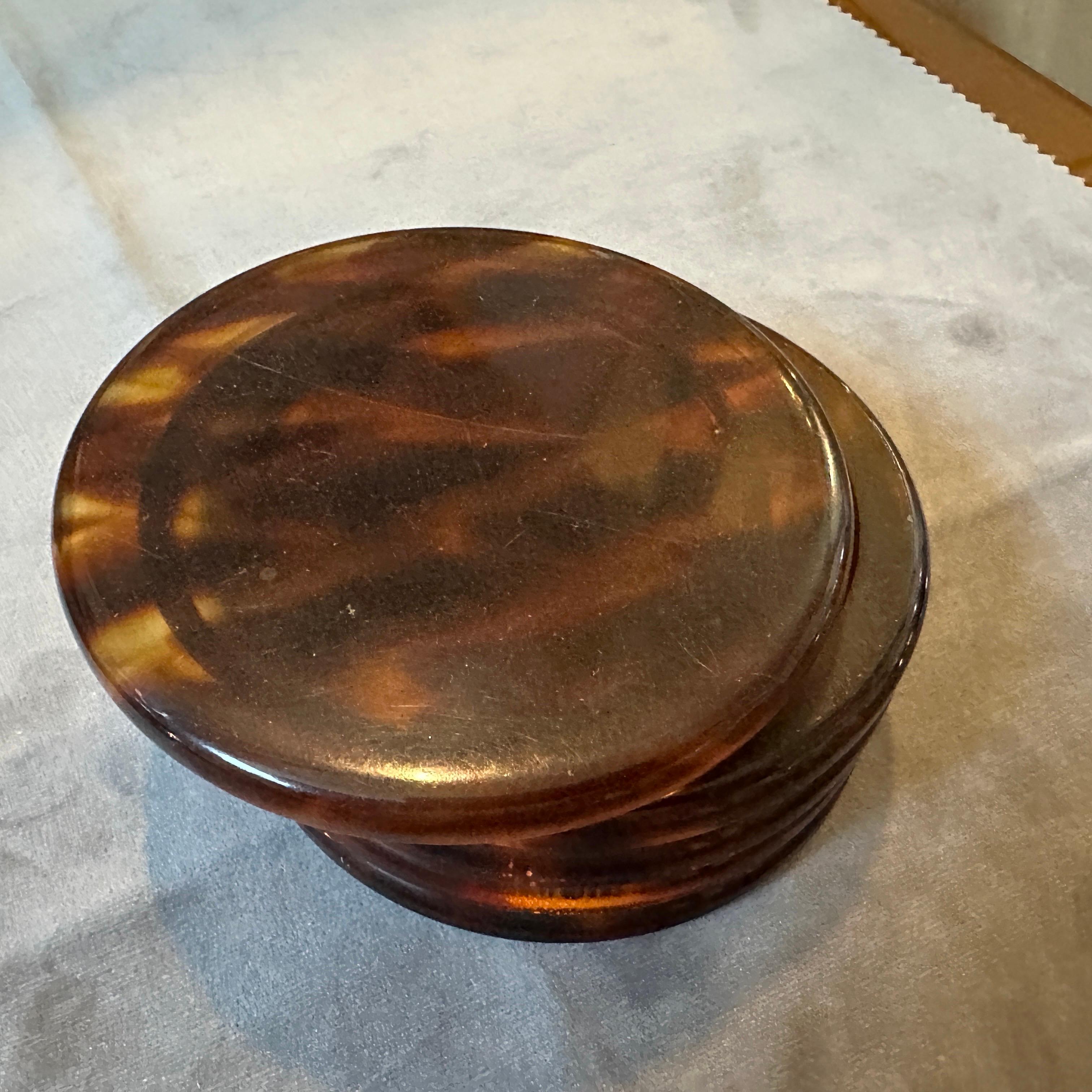 1970s Mid-Century Modern Fake Tortoise Shell Lucite Round Jewelry Box For Sale 1