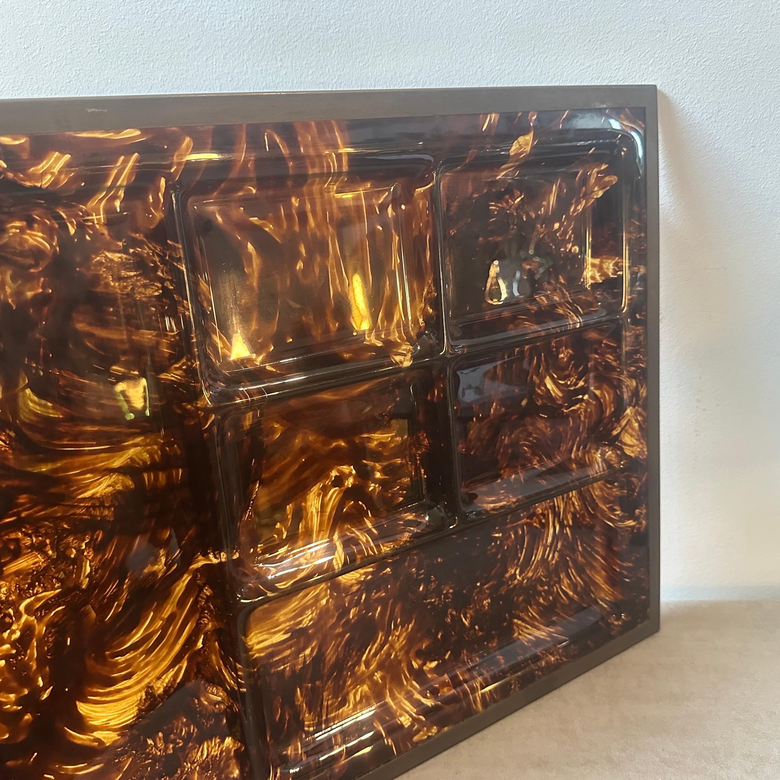 Italian 1970s Mid-Century Modern Fake Tortoiseshell Lucite and Brass Appetizer Tray For Sale