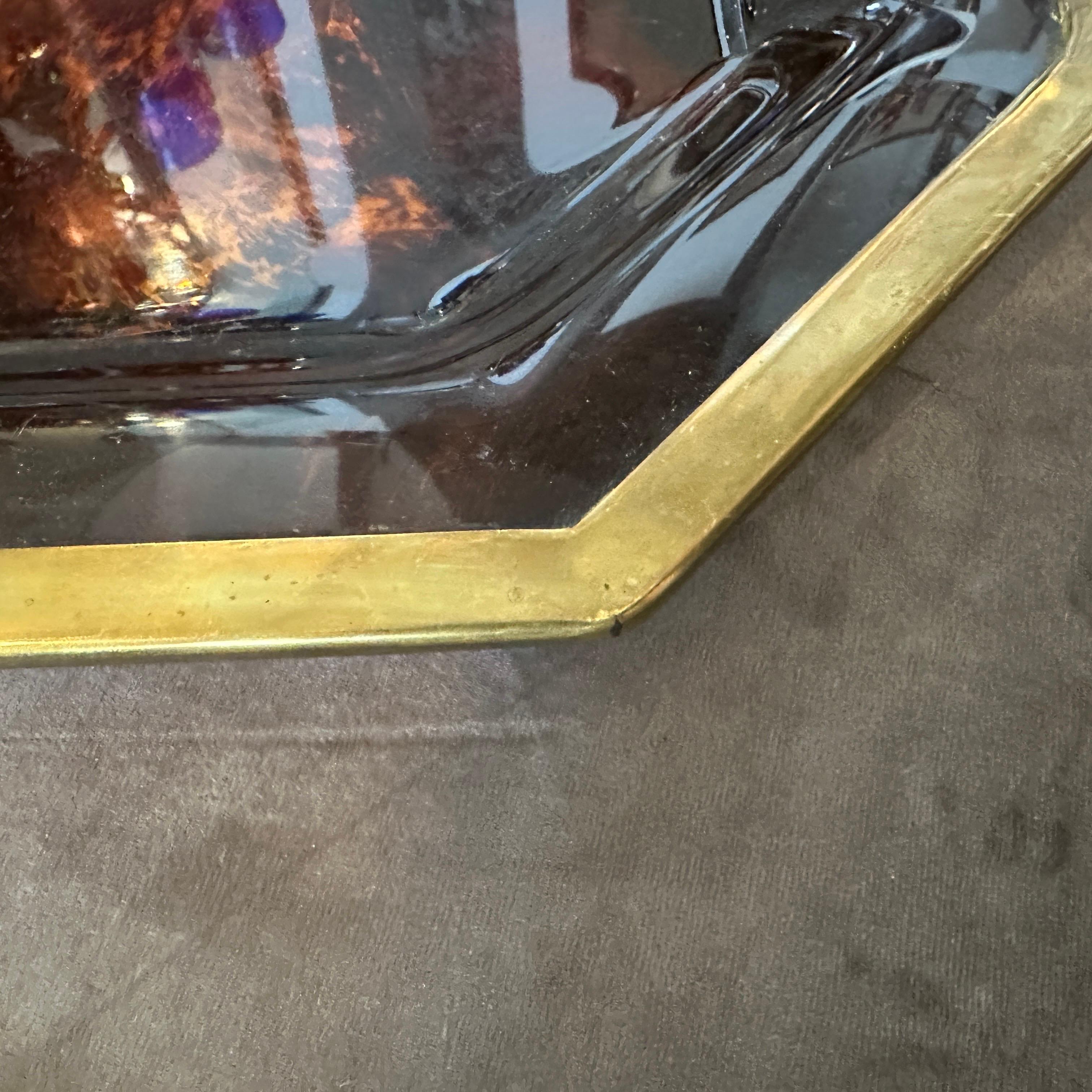 1970S Mid-Century Modern Fake Tortoiseshell Lucite and Brass Octagonal Tray For Sale 6
