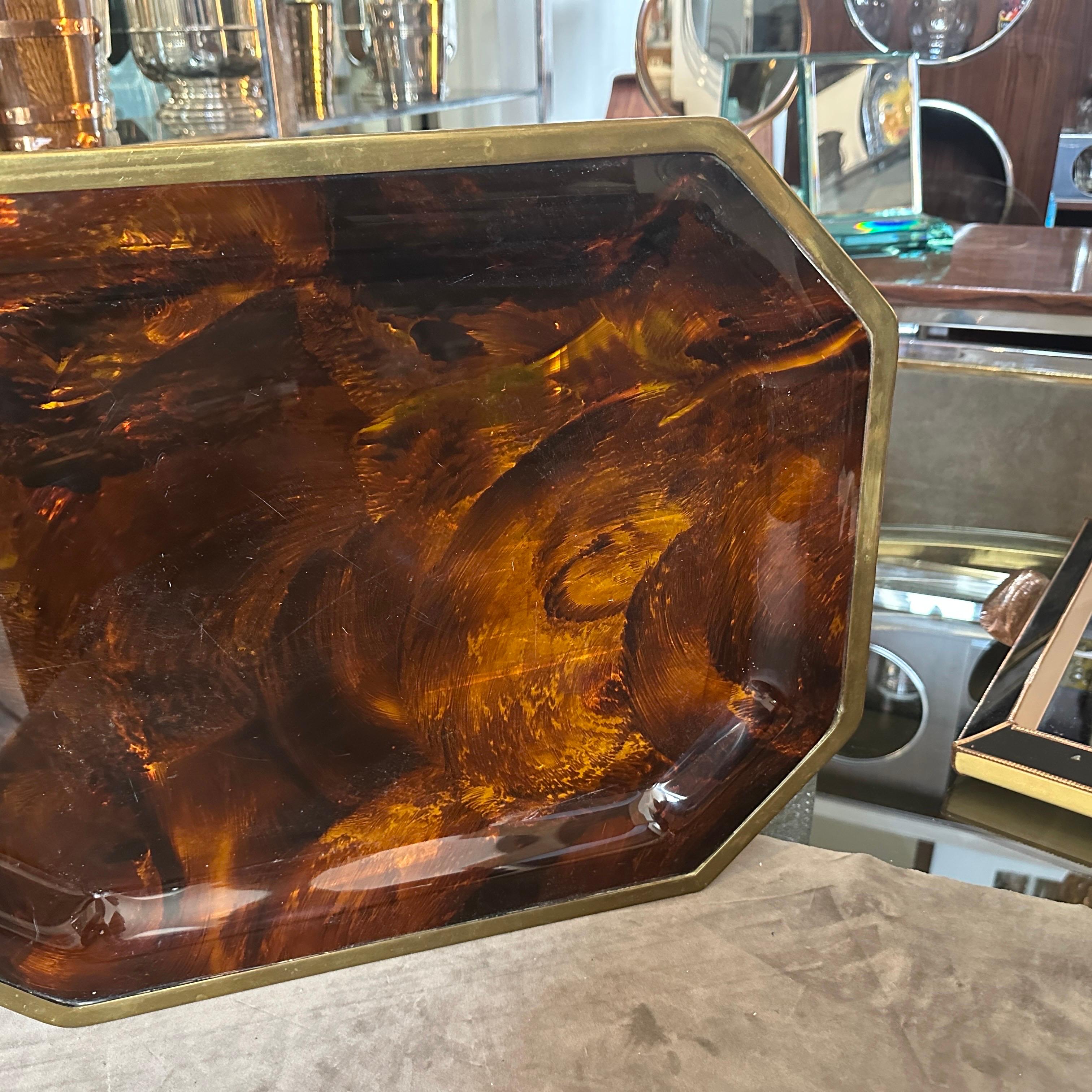 Italian 1970S Mid-Century Modern Fake Tortoiseshell Lucite and Brass Octagonal Tray For Sale