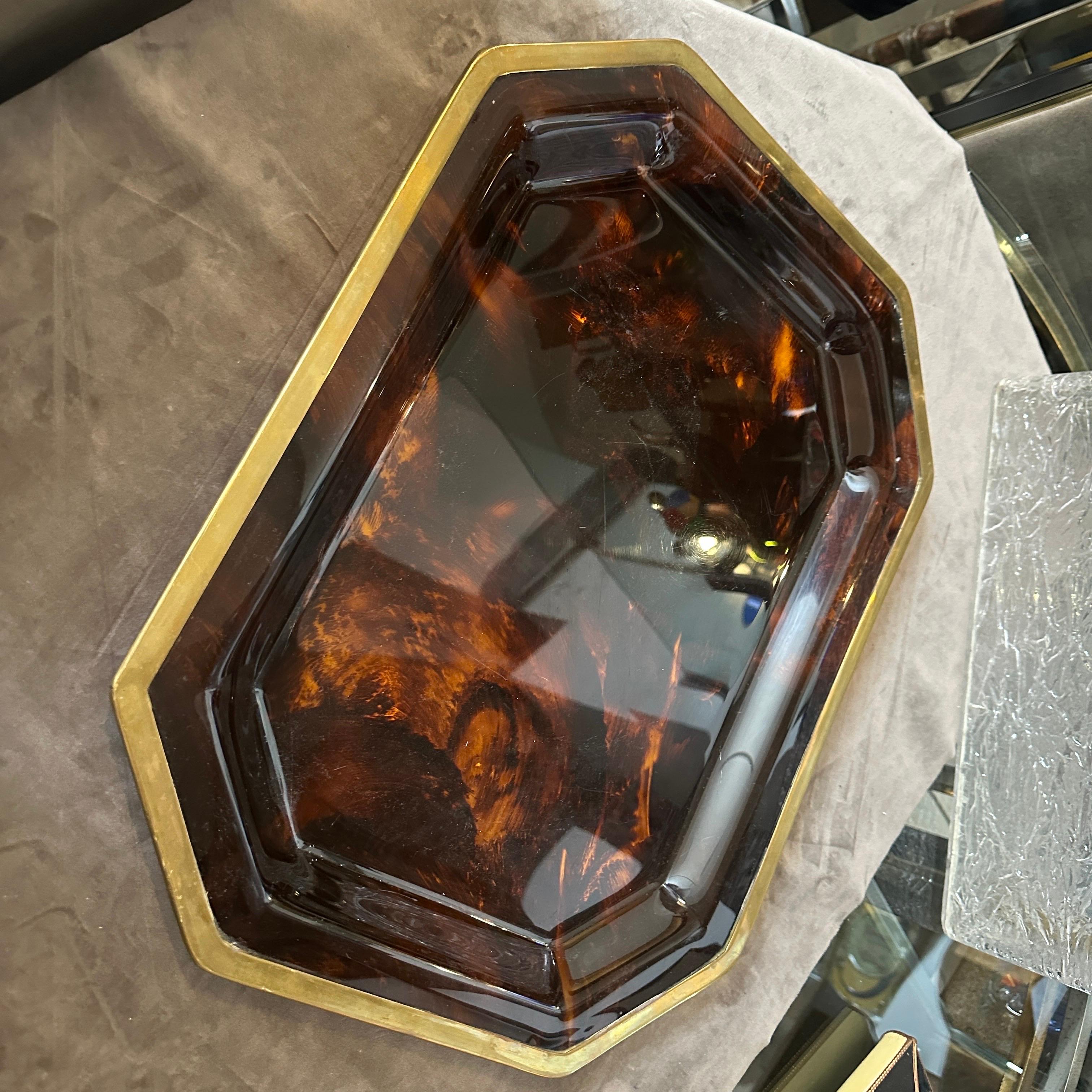 20th Century 1970S Mid-Century Modern Fake Tortoiseshell Lucite and Brass Octagonal Tray For Sale