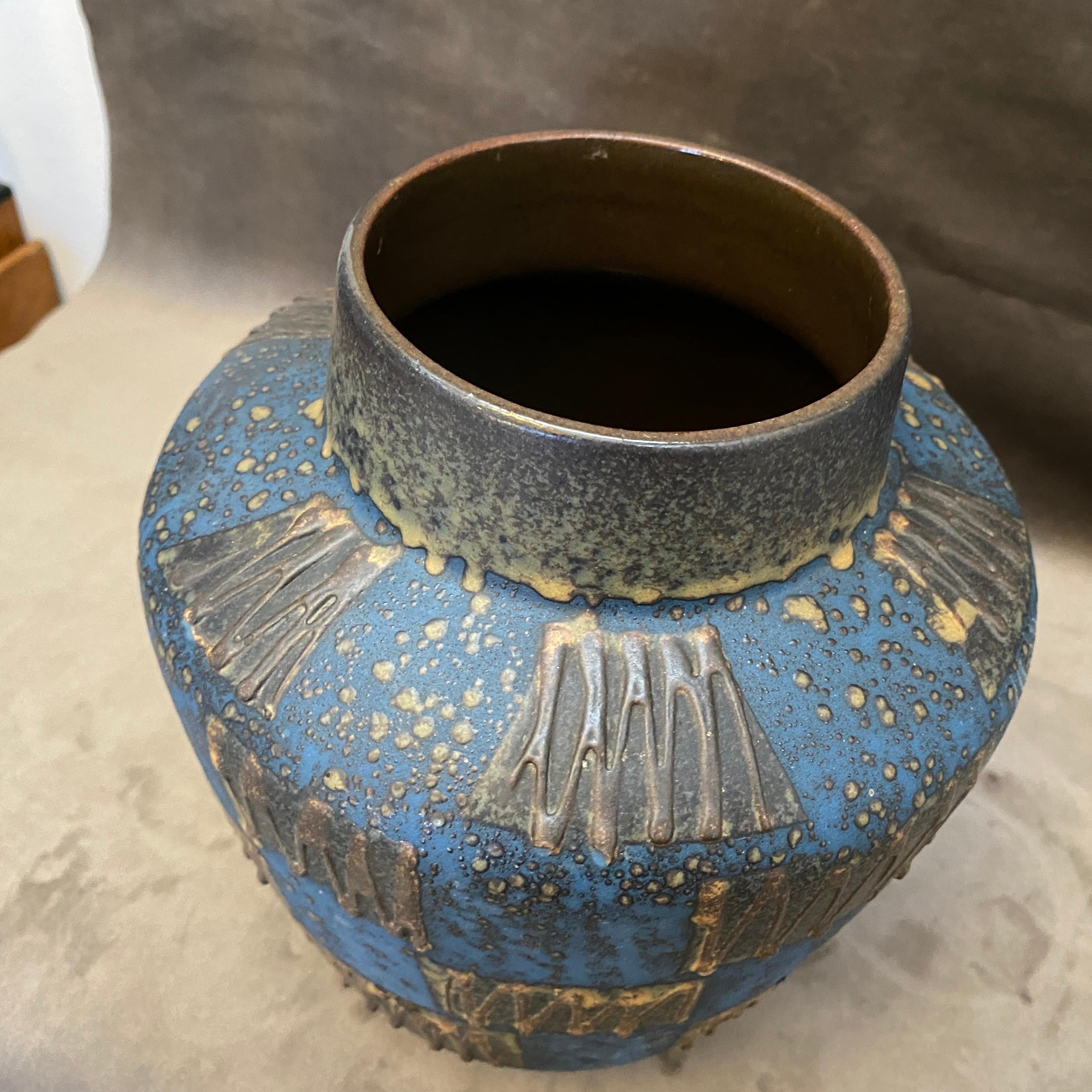 A blue and gray fat lava keramik vase made in the Seventies, it's in perfect condition.