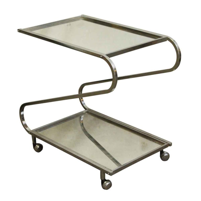 1970s MidCentury Modern French Chrome Bar Cart with Mirrored Shelves