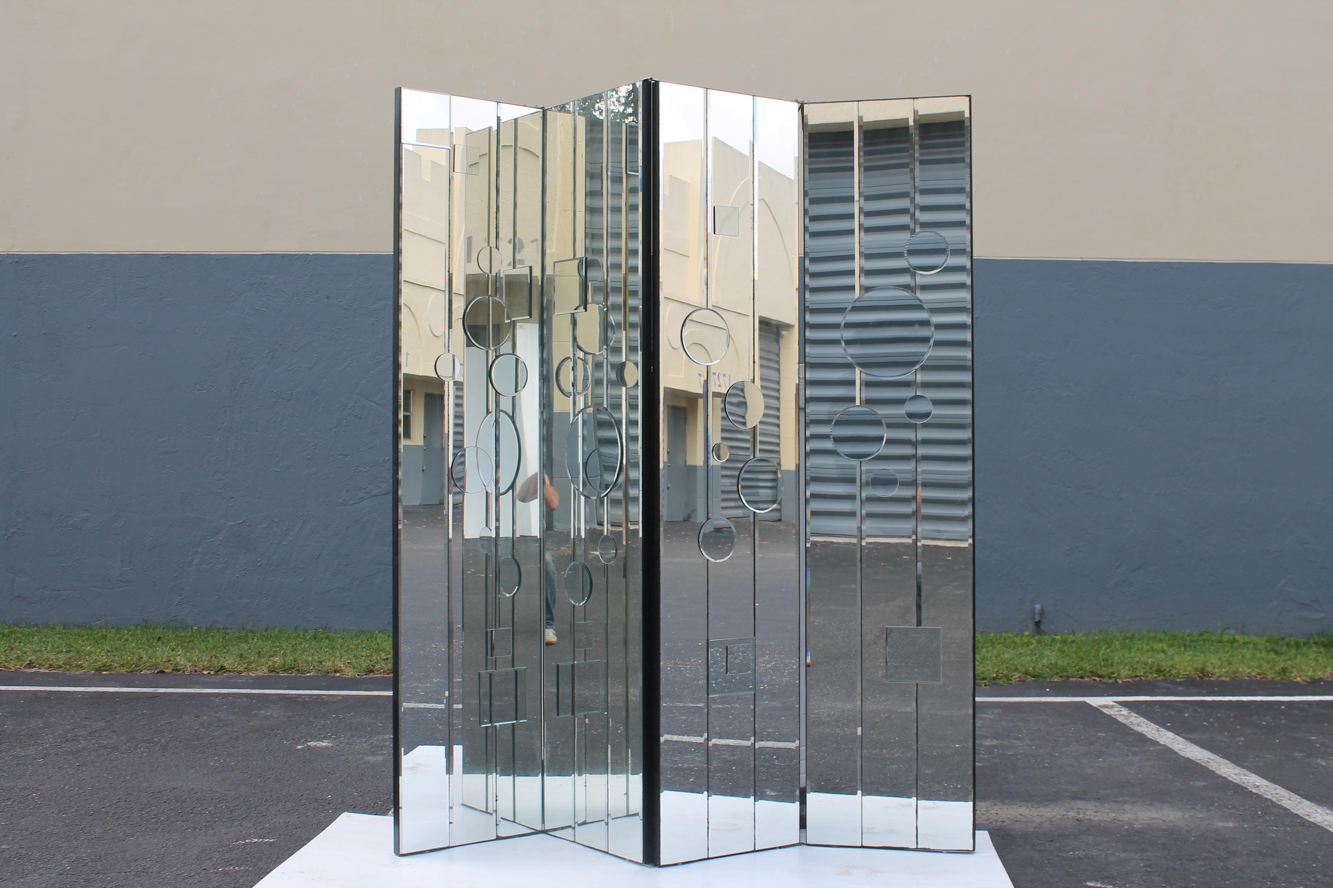 American 1970s Mid Century Modern Fully Mirrored 4 Panel Large Room Dividing Screen For Sale