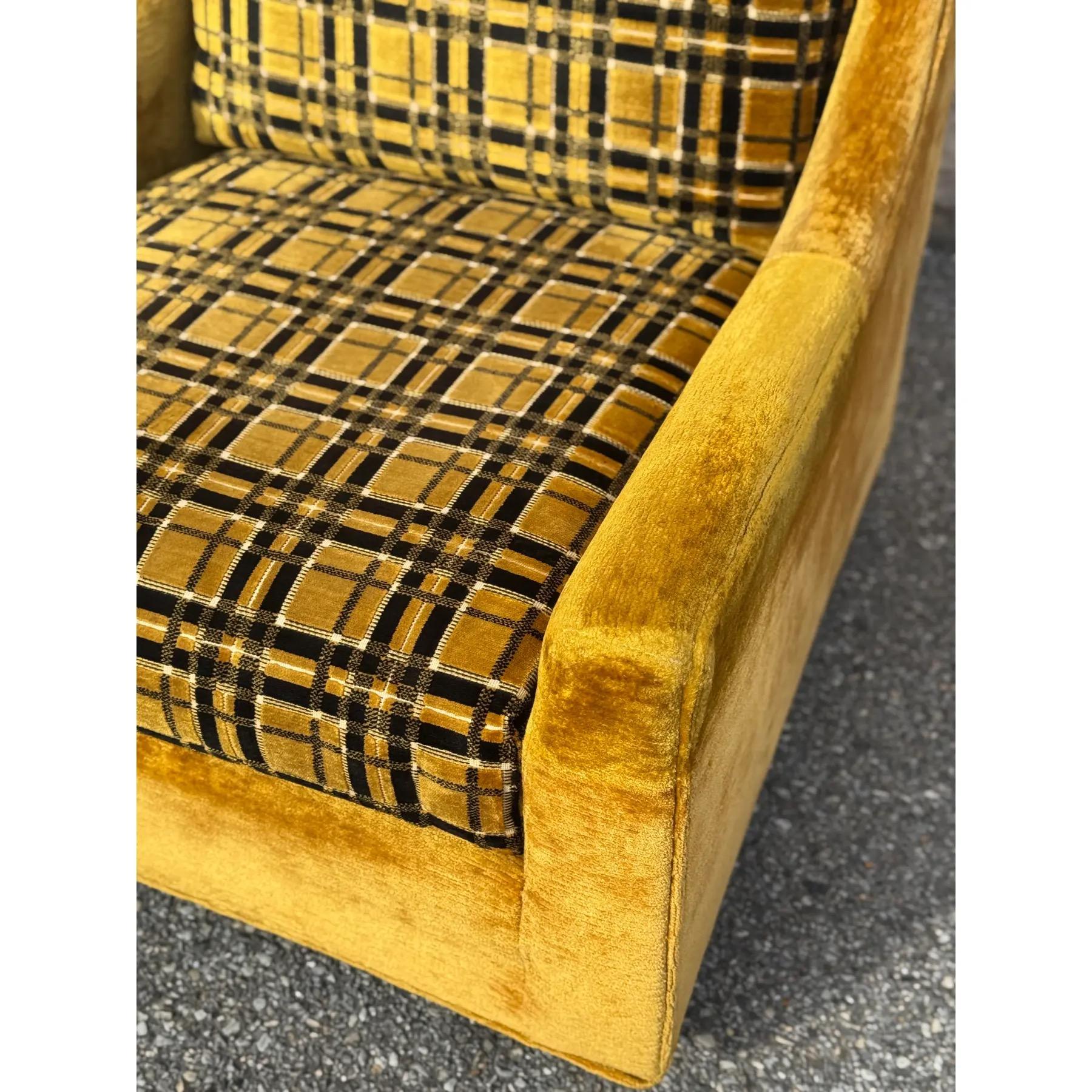 Upholstery 1970s Mid-Century Modern Gold Velvet & Plaid Lounge Chair For Sale