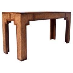 1970s Mid Century Modern Grasscloth Parsons Console Table