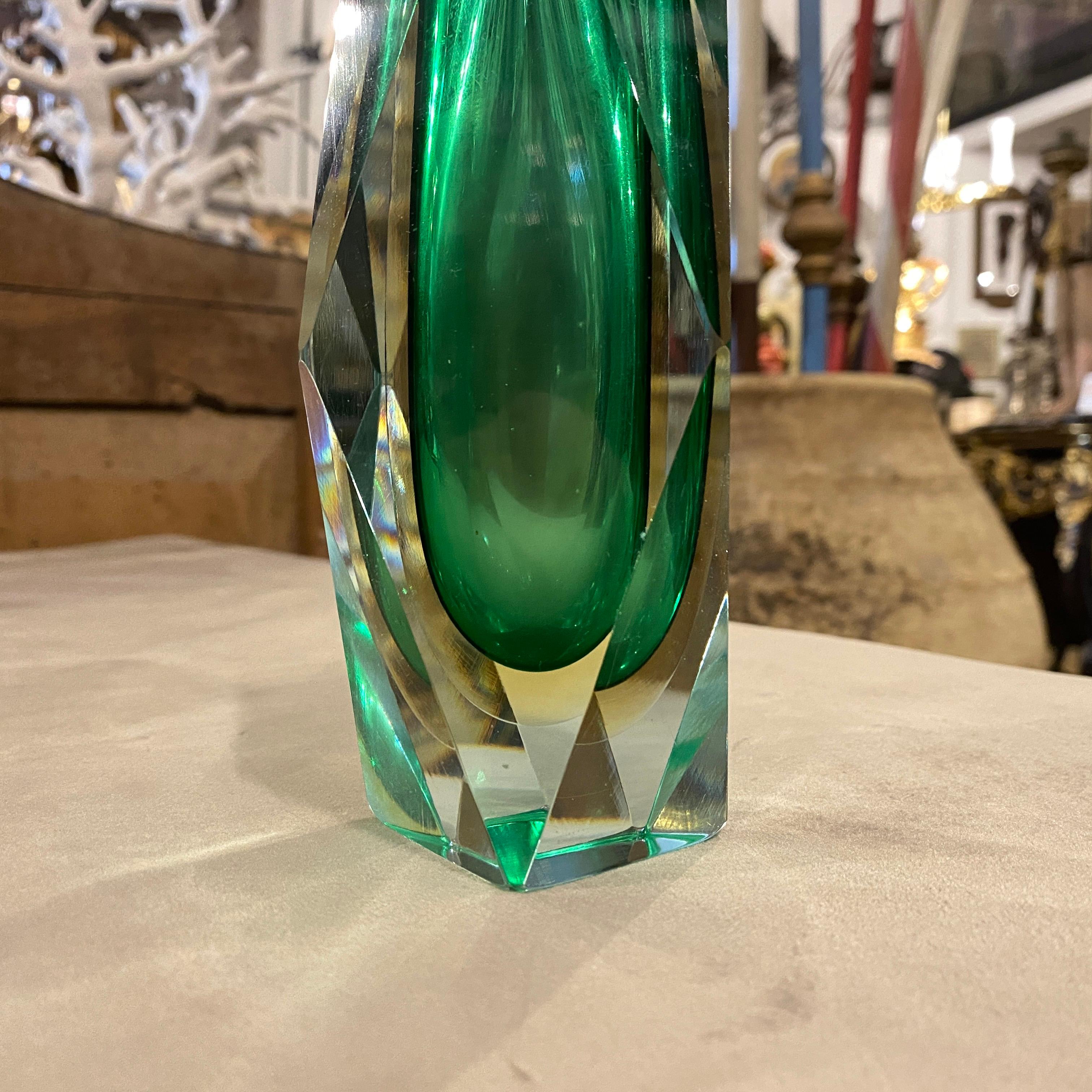 Hand-Crafted 1970s Mid-Century Modern Green Faceted Murano Glass Vase by Seguso For Sale