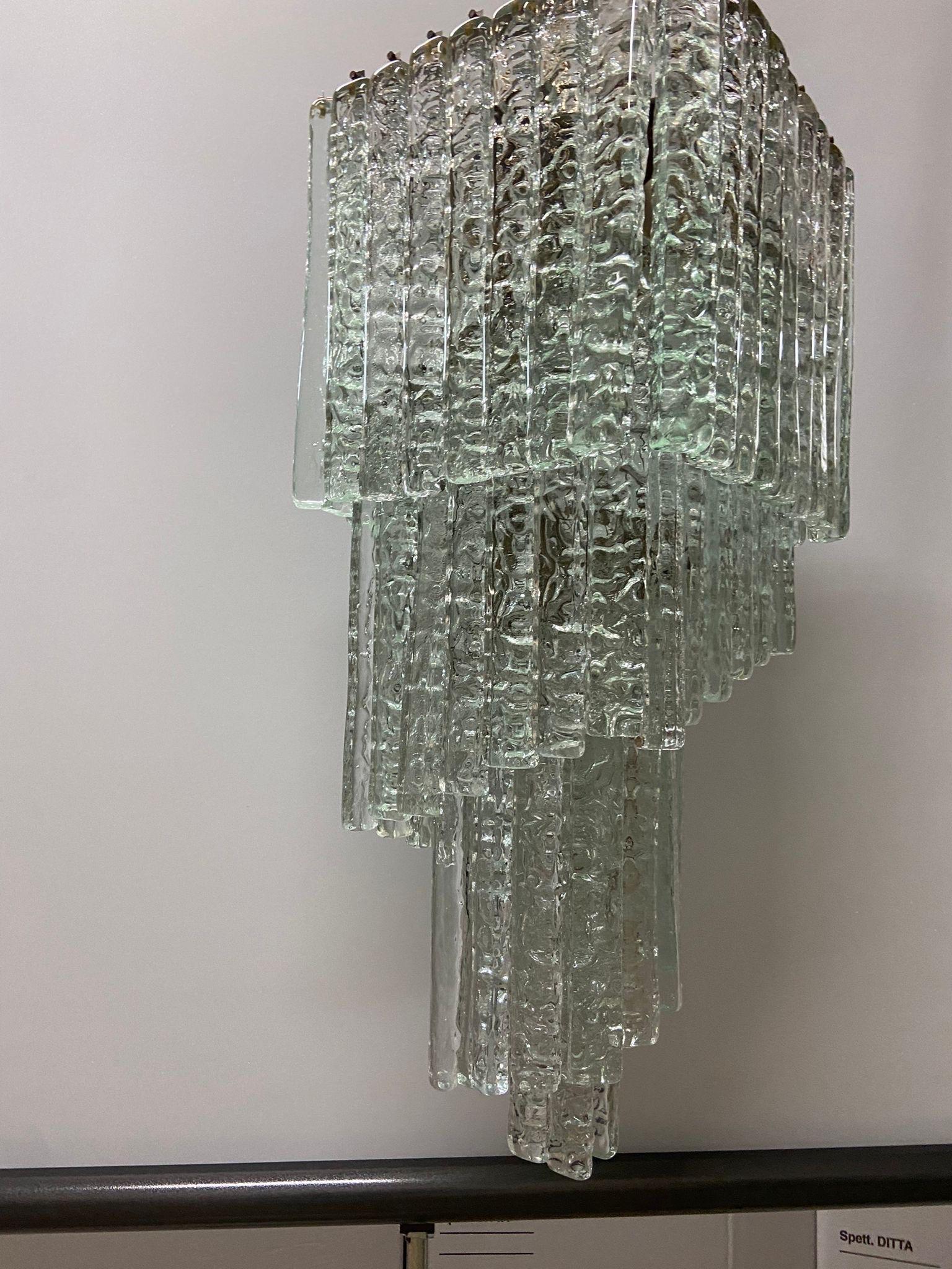 Brass 1970s Mid-Century Modern Ice effect Murano Glass Cascading Chandelier by Mazzega For Sale
