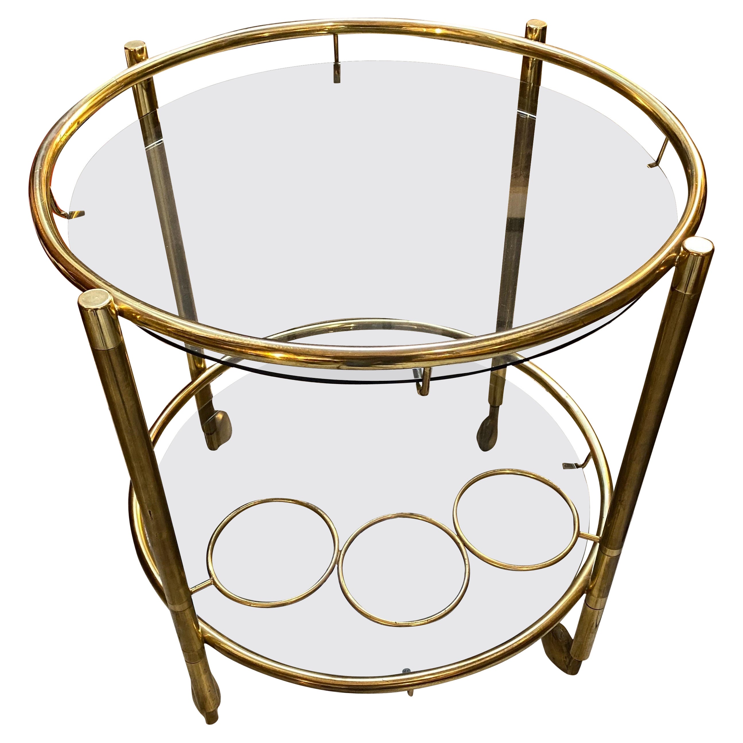 Le chariot de bar rond en laiton italien, moderne du milieu du siècle dernier, des années 1970