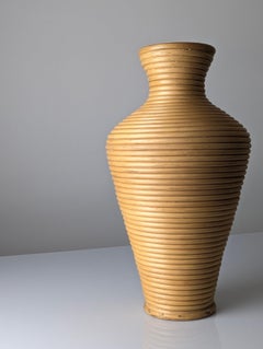 1970s Mid-Century Modern Large Coiled Rattan Floor Vase